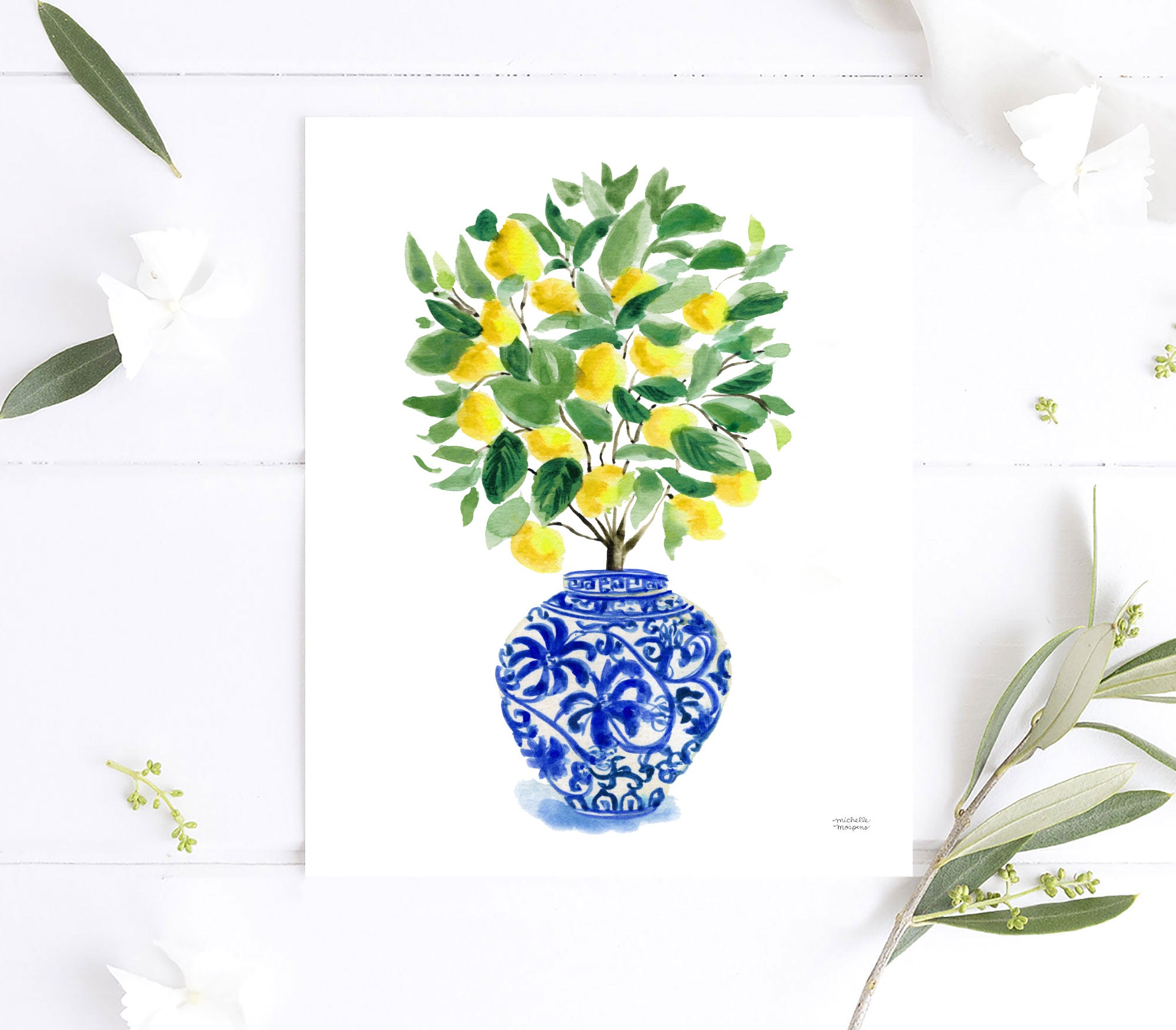 Watercolor Lemon Tree Ginger Jar No20 Wall Art Print