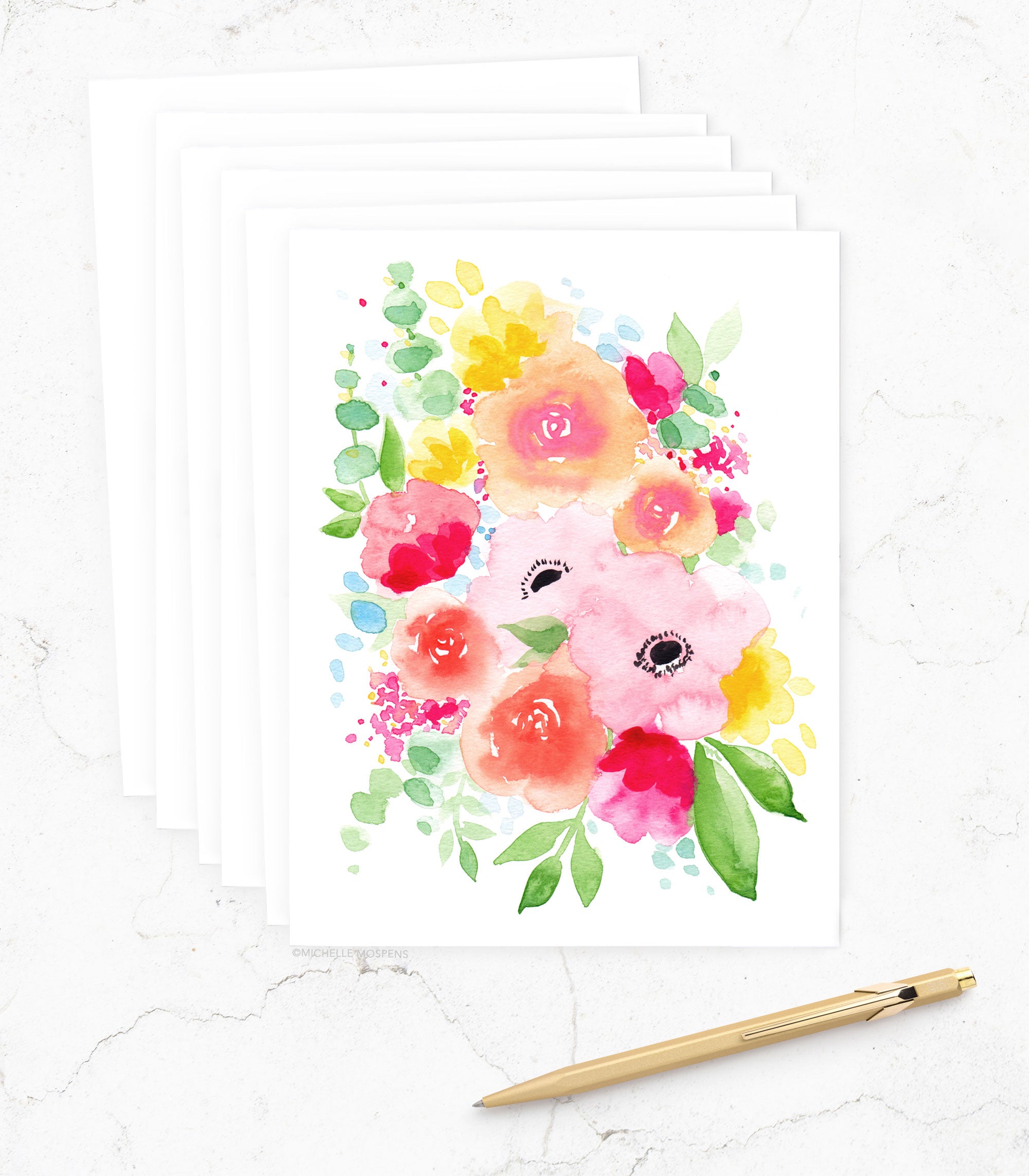 Long Lasting Flowers Watercolor Floral Bouquet Note Cards Set