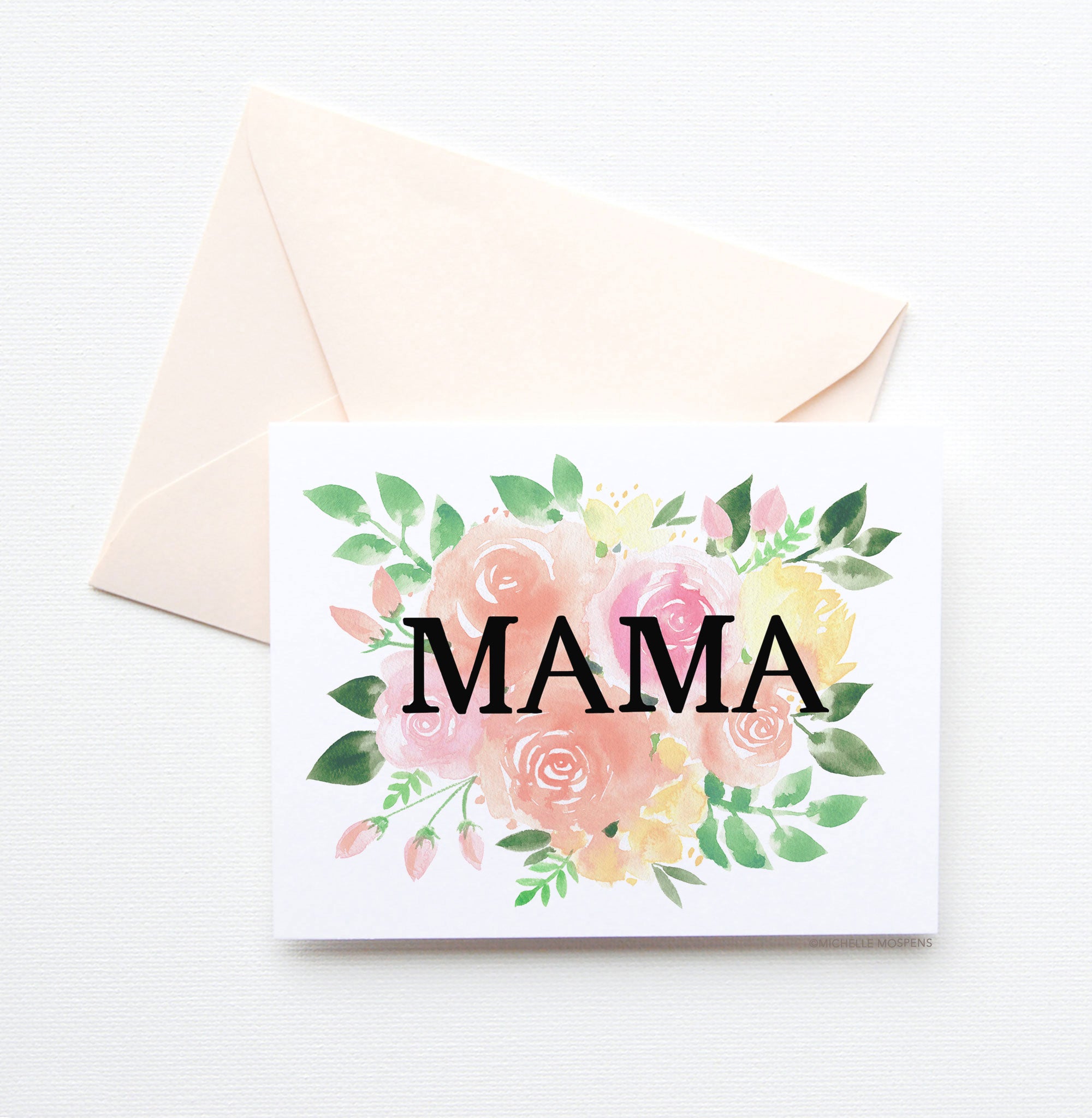 Watercolor MAMA Greeting Card by Michelle Mospens, Cute New Mom and Mother's Day Card