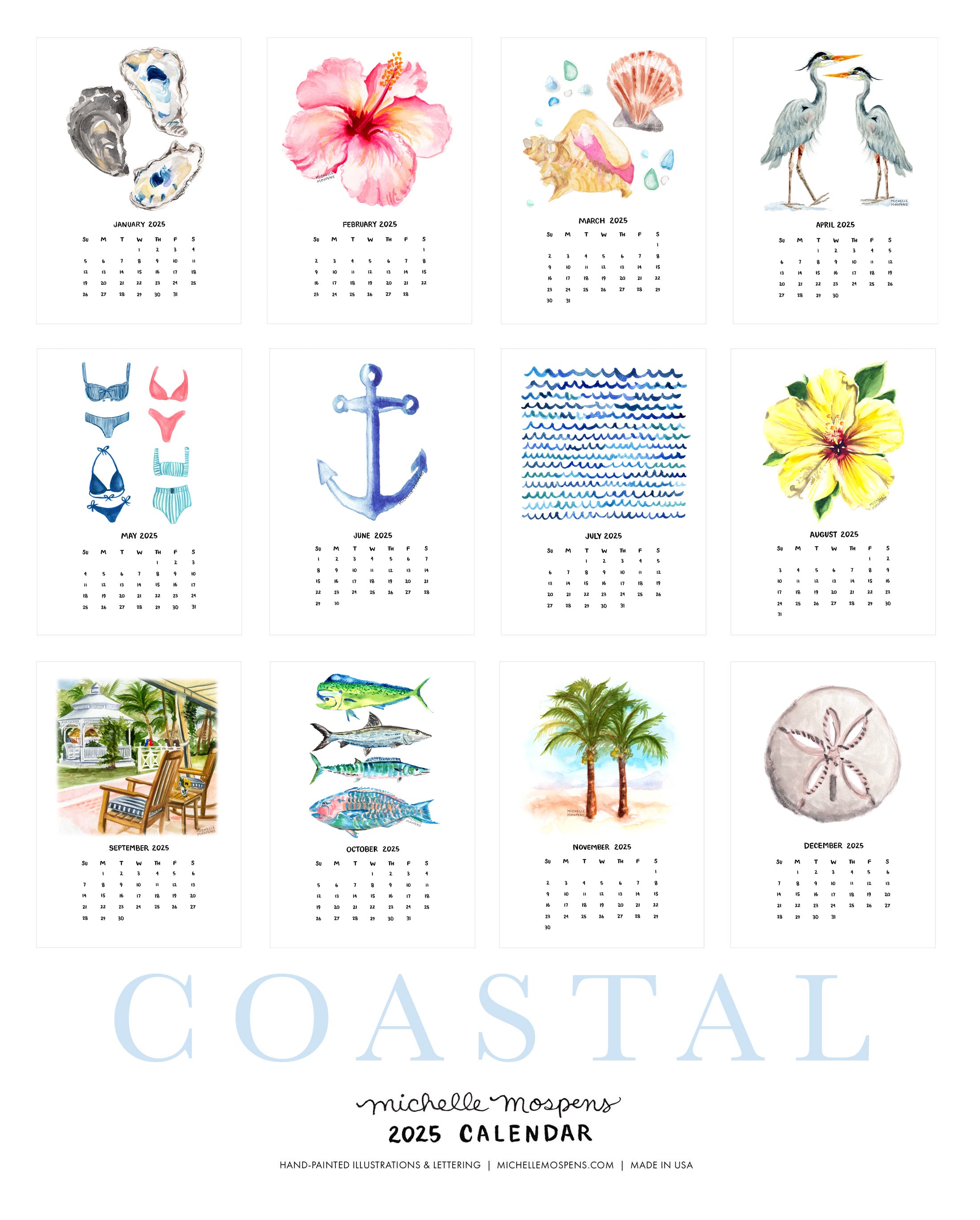 Watercolor Coastal Mini Monthly Desk Calendar by Michelle Mospens