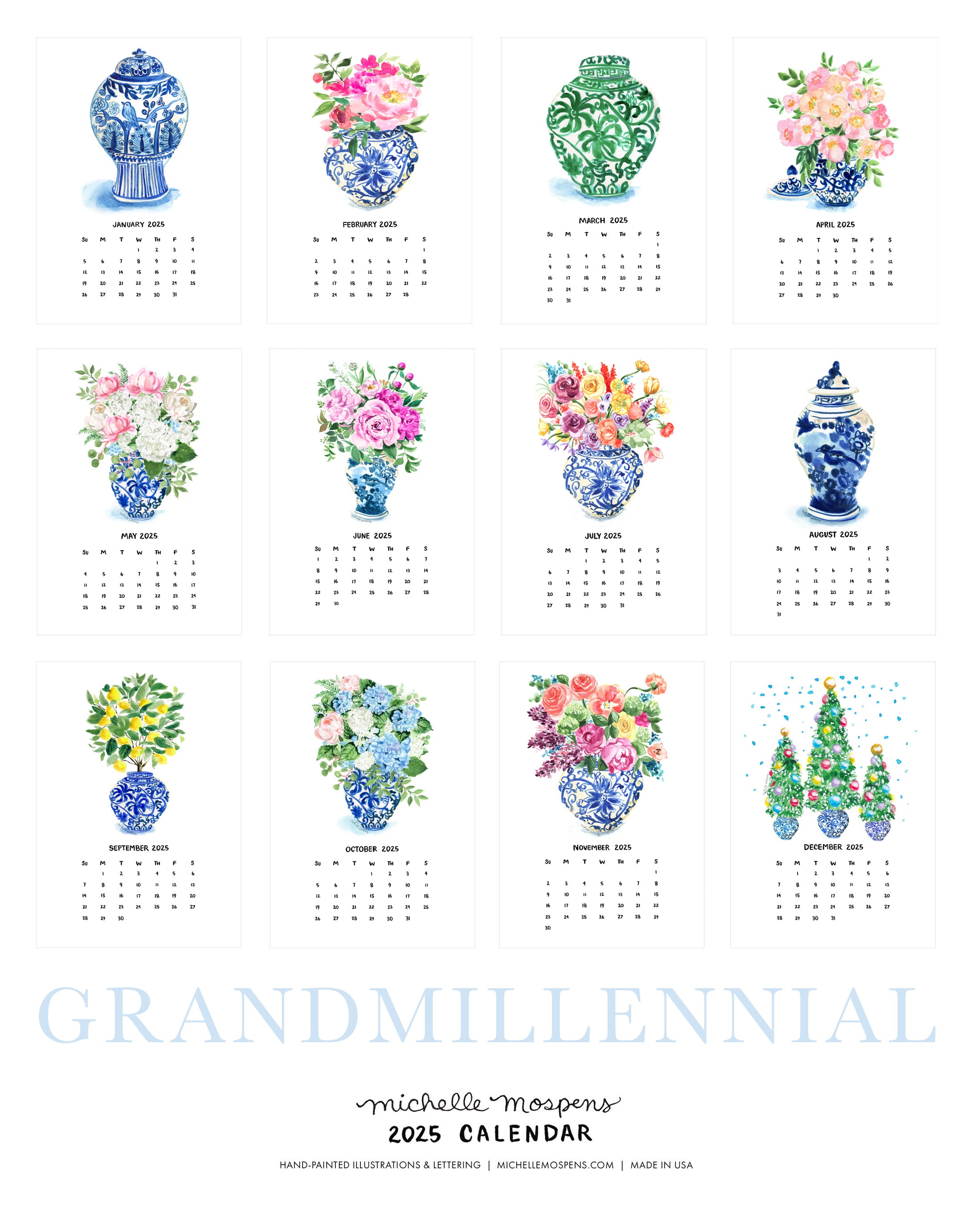 Watercolor Ginger Jars Grandmillennial Mini Monthly Desk Calendar by Michelle Mospens