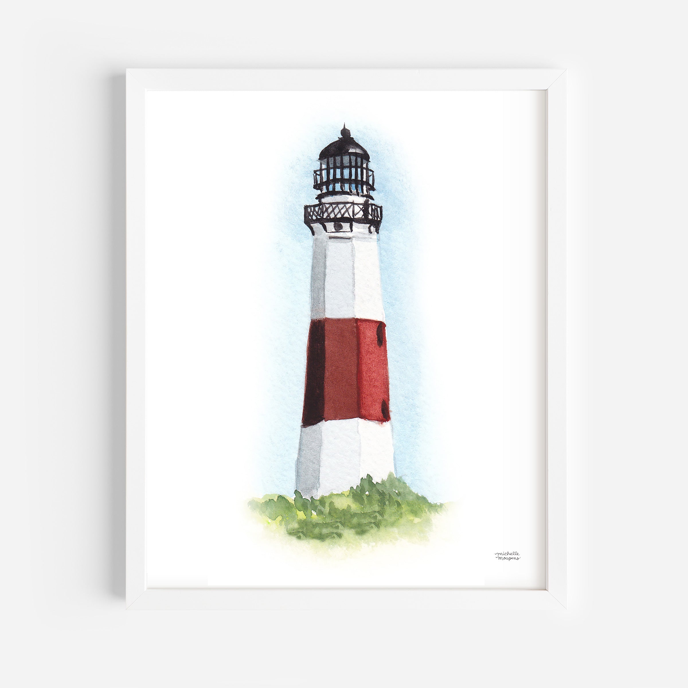 Art Print Montauk Lighthouse Watercolor by Michelle Mospens Coastal Nautical Wall Art
