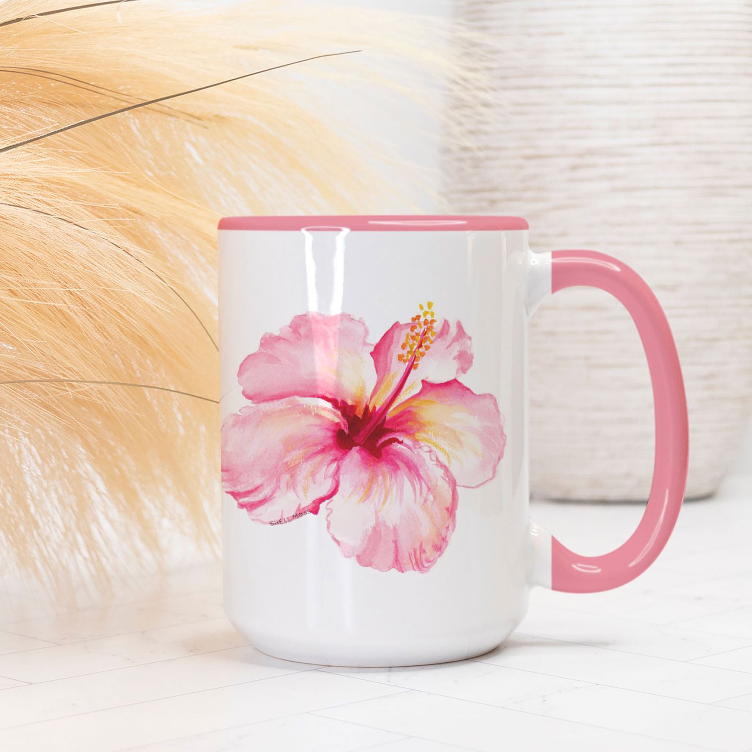 Illustrated Pink Watercolor Tropical Hibiscus Flower Coastal Beach Coffee Mug 15oz