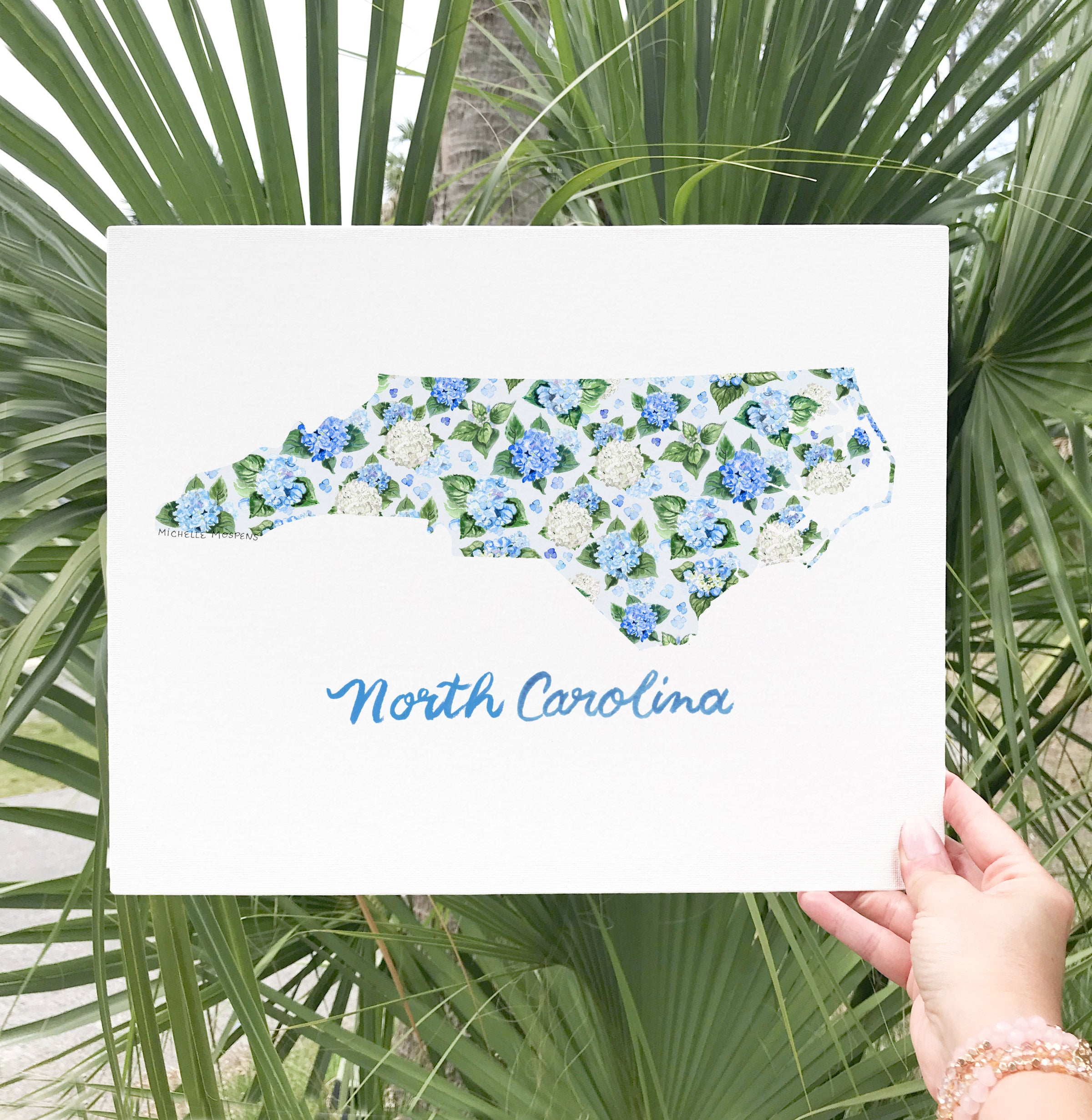 South and North Carolina Illustrated Wall Art Print Set of 2: Watercolor Carolinas State Shape with Hydrangeas and Hand Lettering