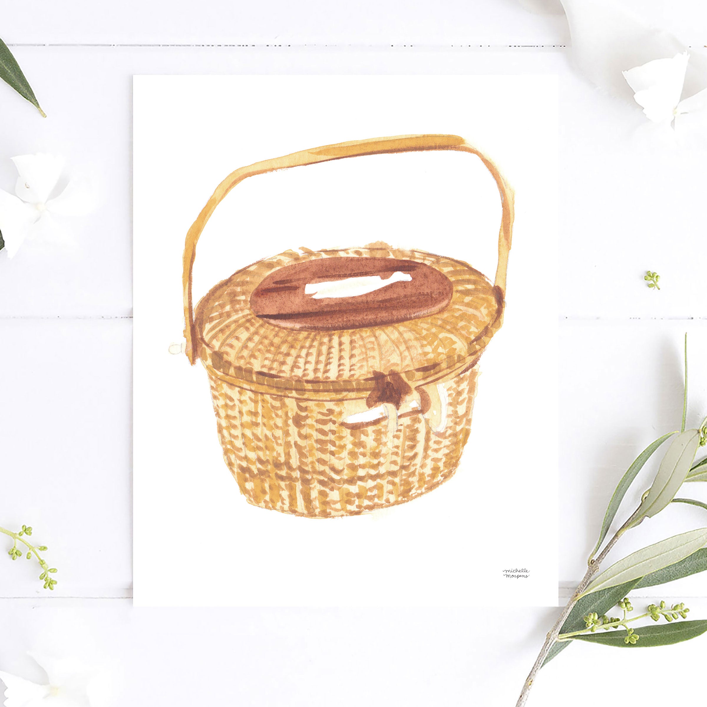 Art Print New England Nantucket Basket Watercolor by Michelle Mospens Coastal Nautical Wall Art