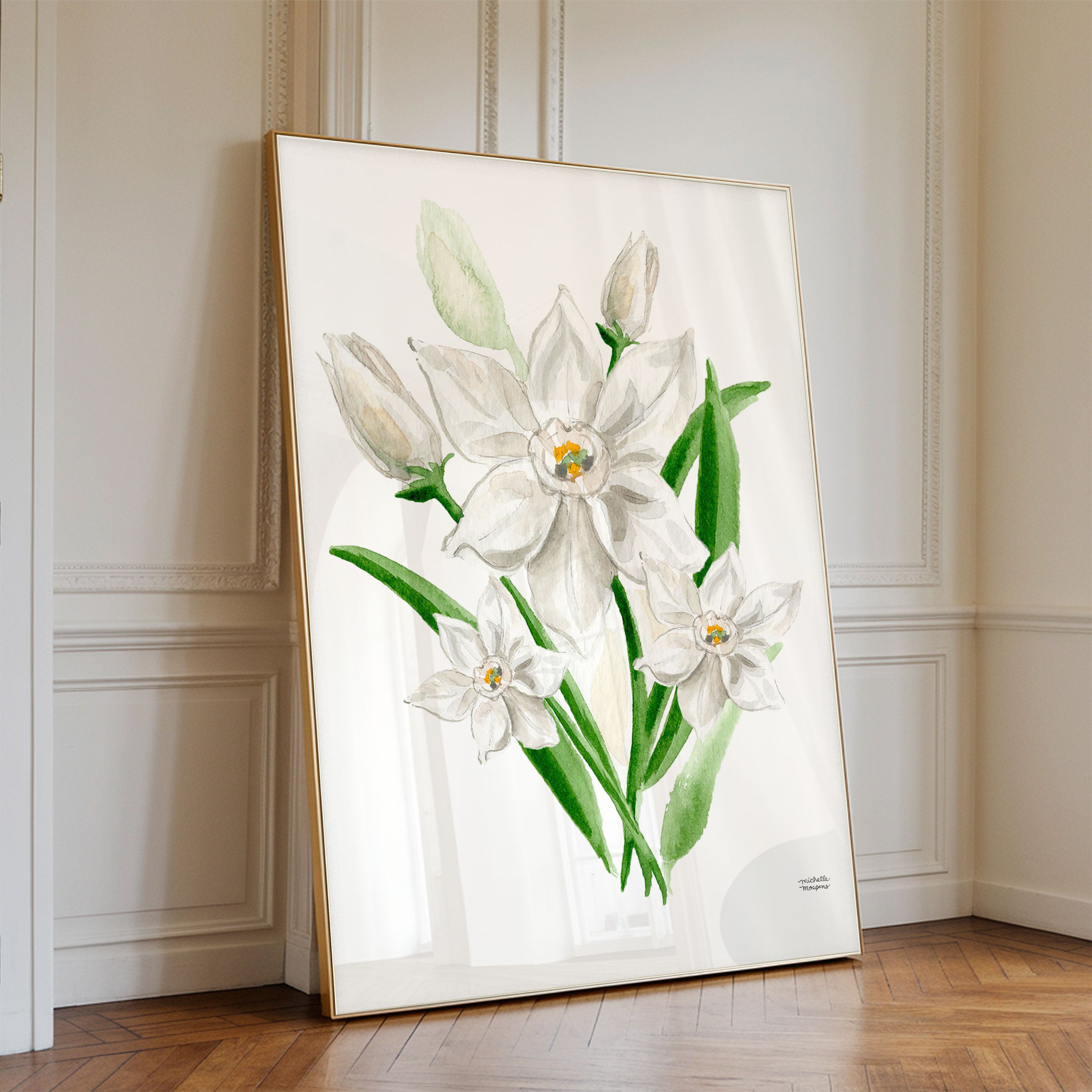 Narcissus Botanical Flower Floral Watercolor Wall Art Print by Michelle Mospens