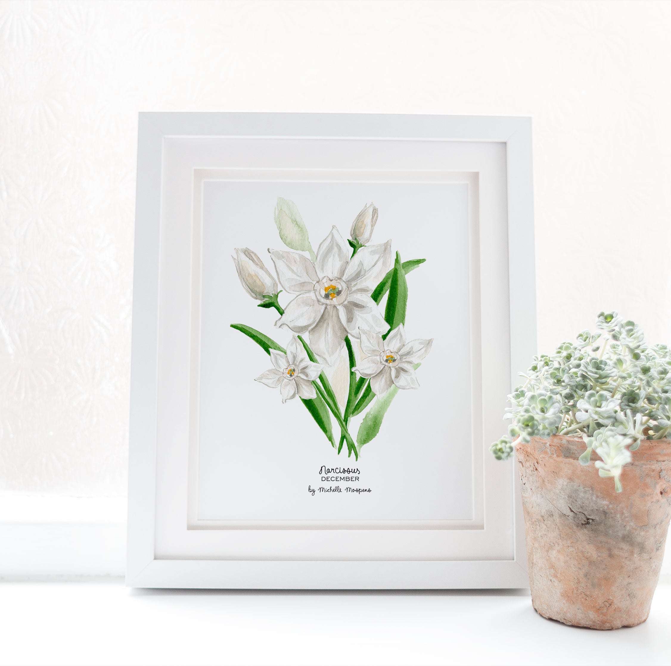 Narcissus December Birth Flower Botanical Watercolor Wall Art Print by Michelle Mospens