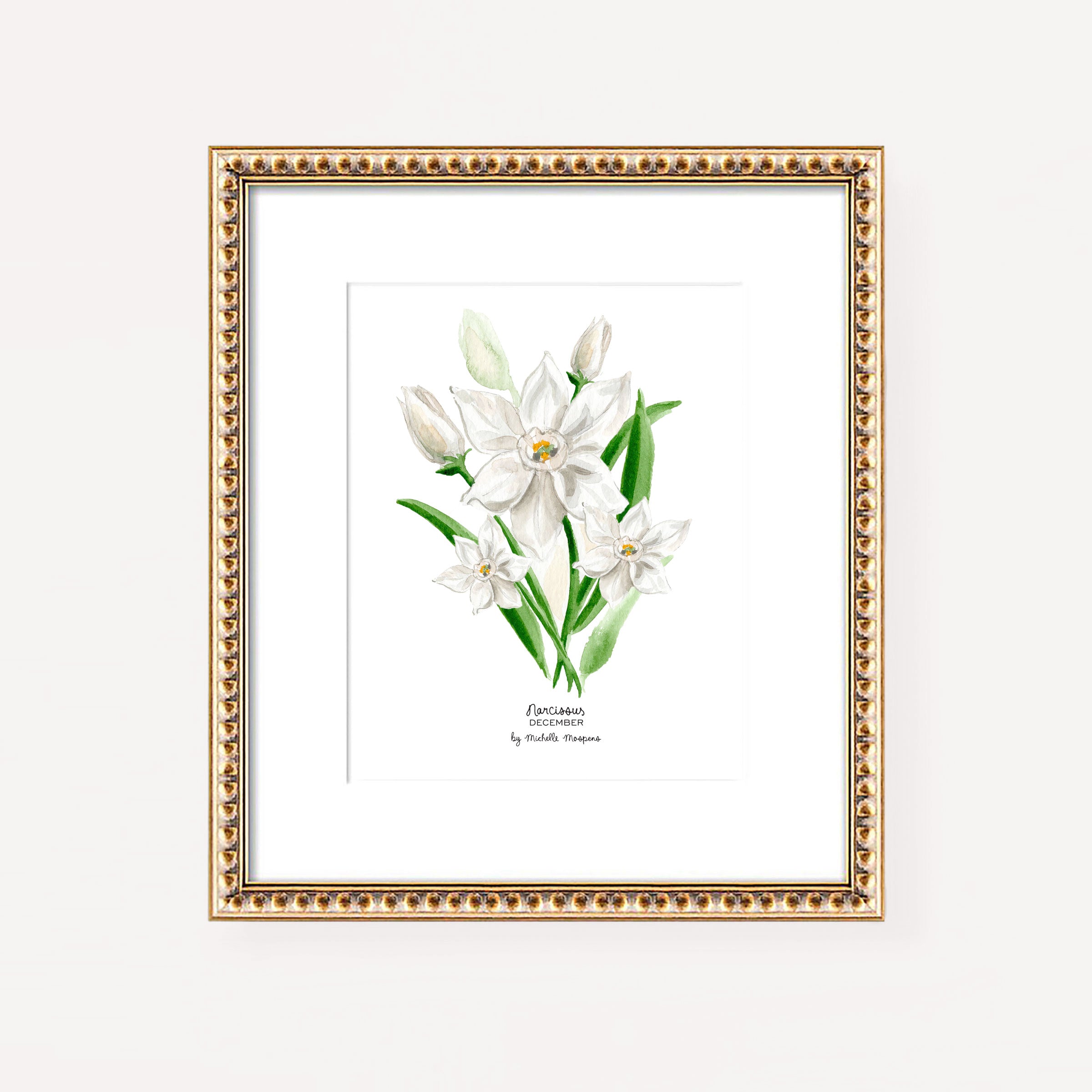 Narcissus December Birth Flower Botanical Watercolor Wall Art Print by Michelle Mospens