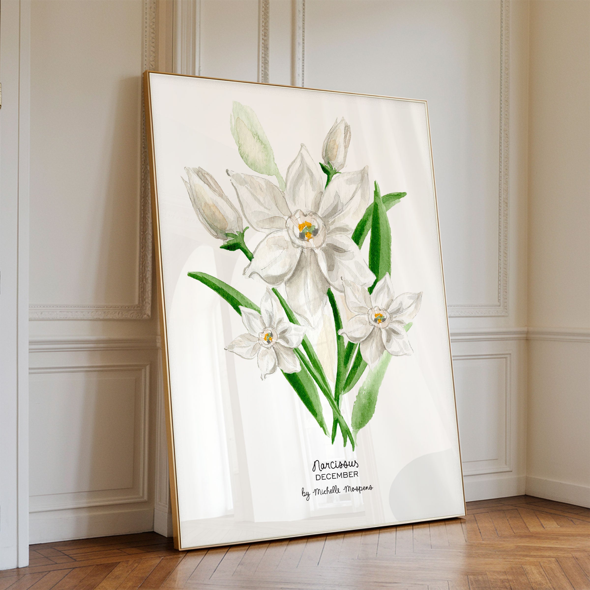Narcissus December Birth Flower Botanical Watercolor Wall Art Print by Michelle Mospens