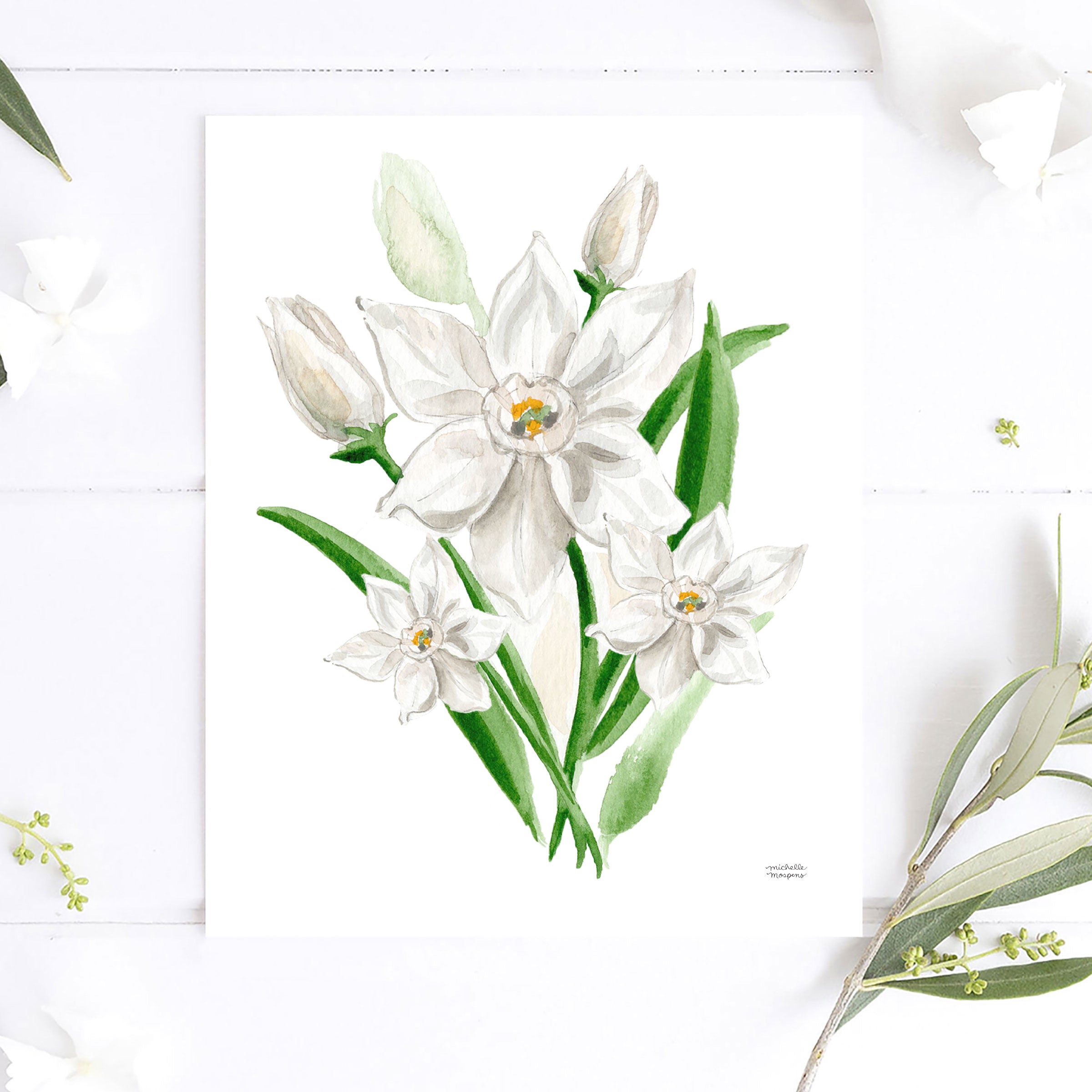 Narcissus Botanical Flower Floral Watercolor Wall Art Print by Michell