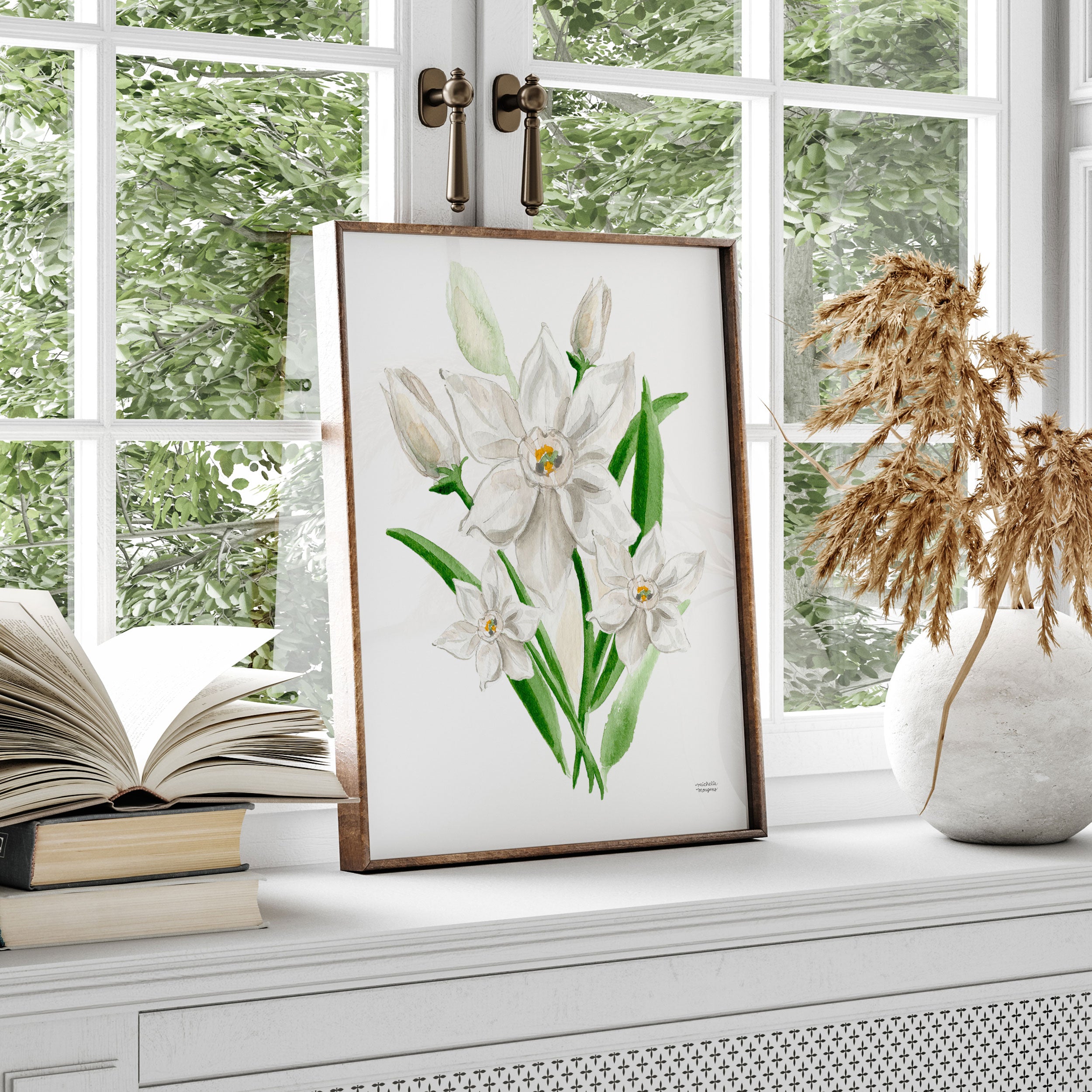 Narcissus Botanical Flower Floral Watercolor Wall Art Print by Michelle Mospens
