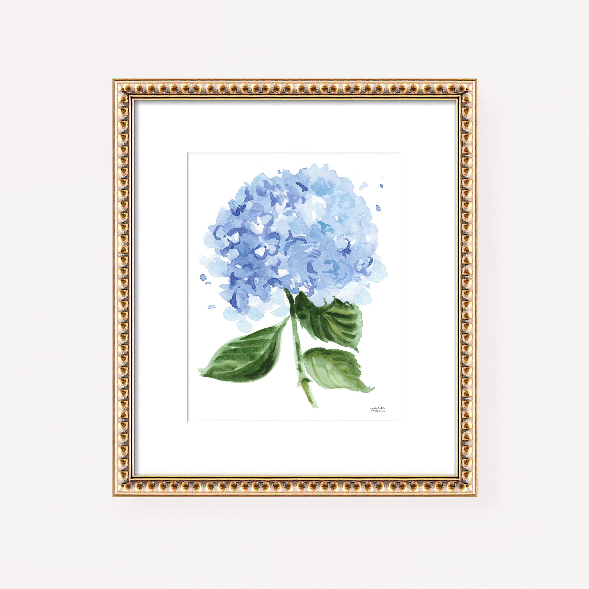 French Blue Hydrangea Flower Botanical No1 Watercolor Wall Art Print by Michelle Mospens, Unframed