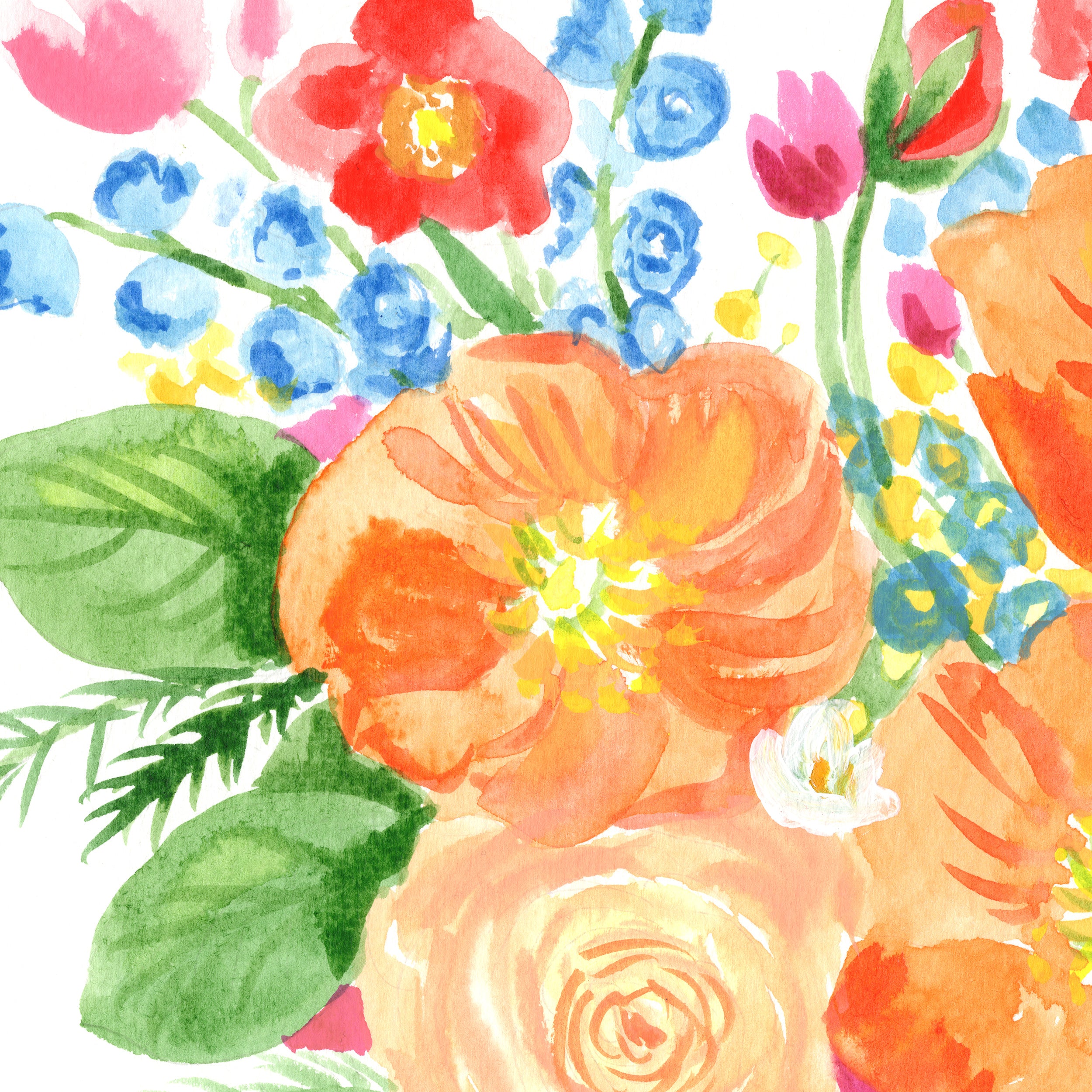 Colorful watercolor floral arrangement with orange, pink, and blue flowers on a white background.