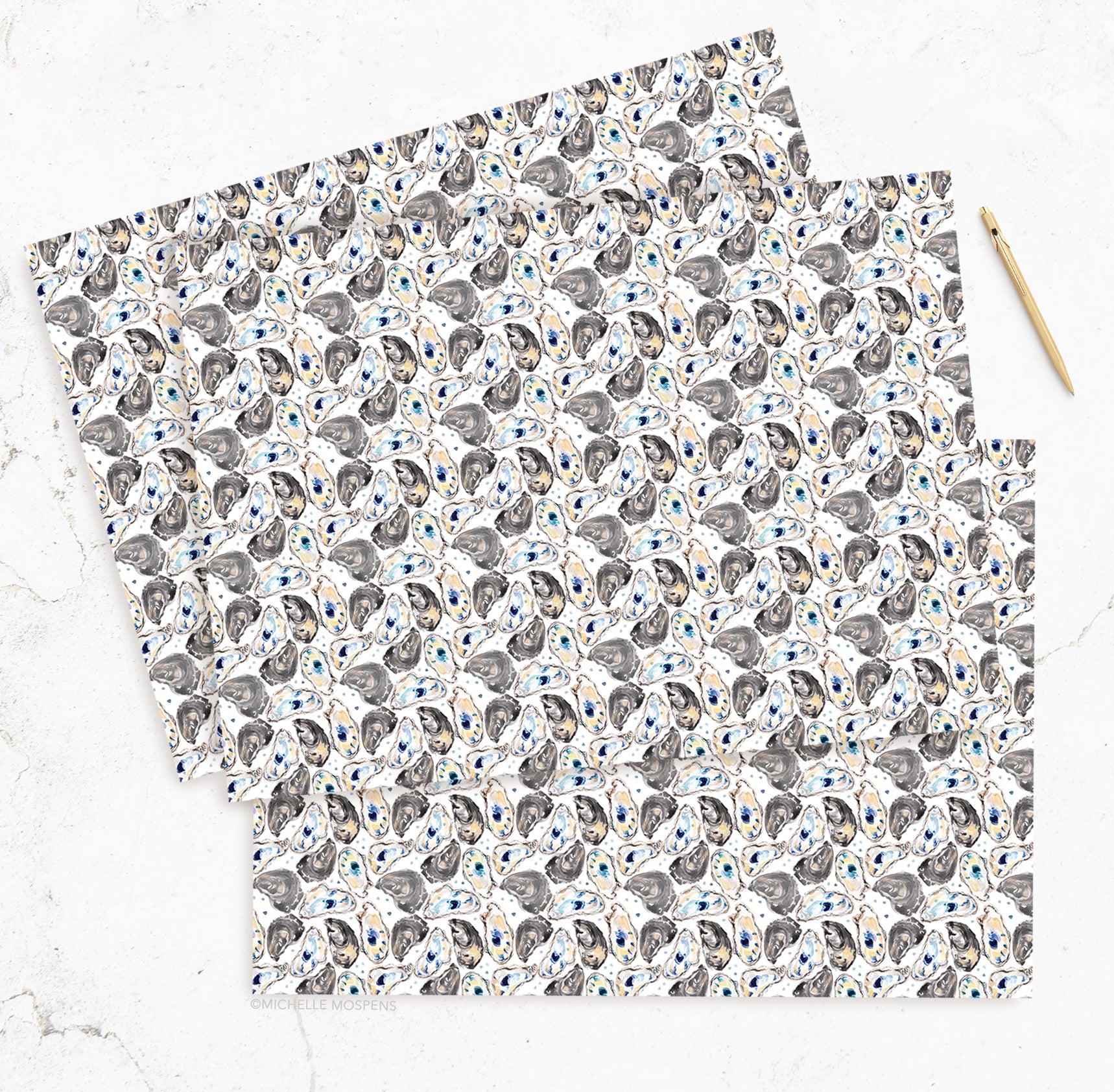 Watercolor Coastal Wrapping Paper by Michelle Mospens, Beach Oyster Shells Wrapping Paper, Holiday, Christmas, Birthday Gift Wrap