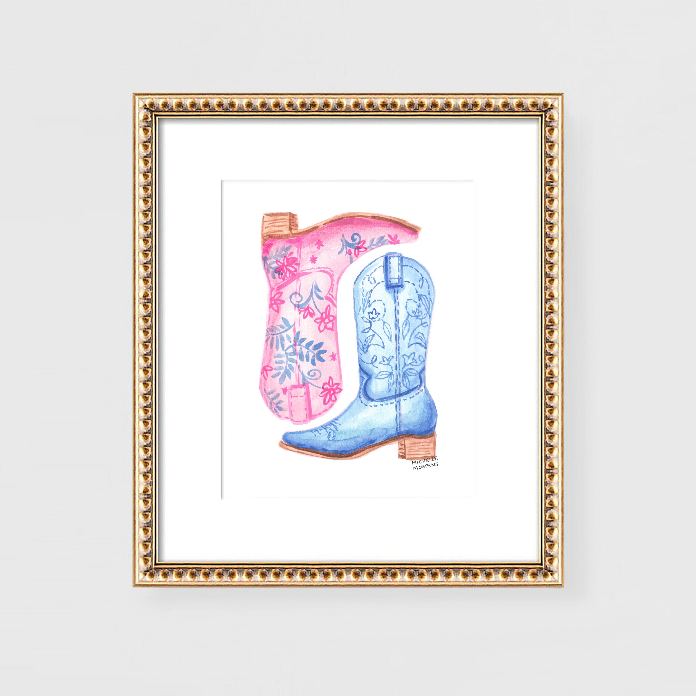 Cute Cowgirl Boots Art Print, Coastal Cowgirl Wall Art, Pink and Blue Denim Cowgirl Dorm Room Decor