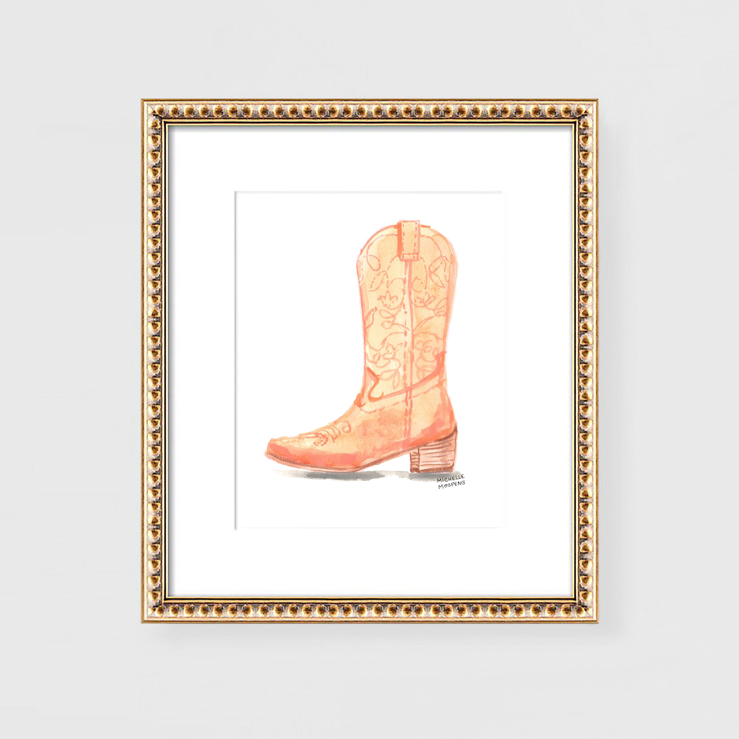 Cute Cowgirl Boot Art Print, Coastal Cowgirl Bedroom Wall Art, Peach Orange Cowgirl Bedroom Decor