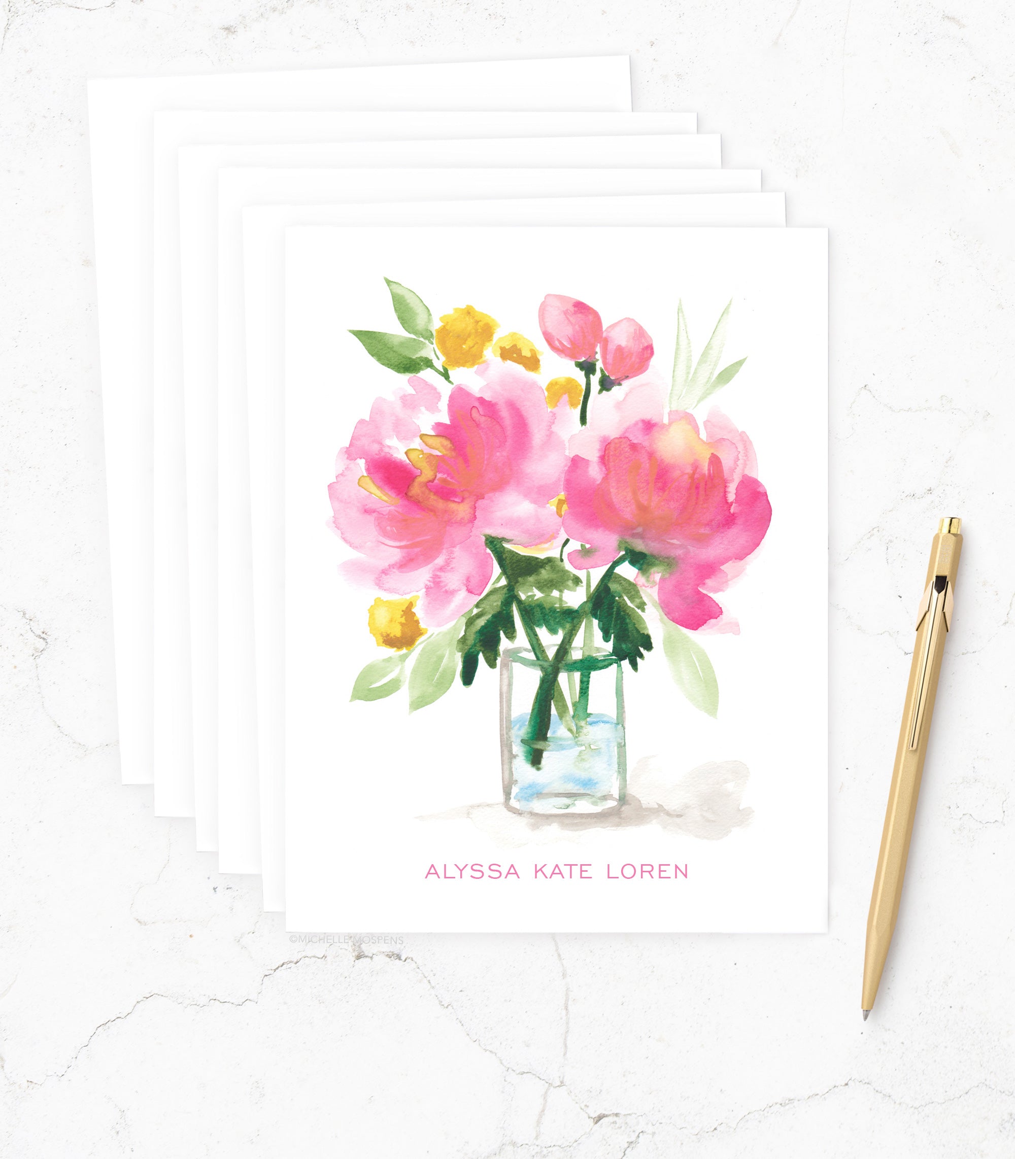 Peony Blooms Personalized Note Cards Set
