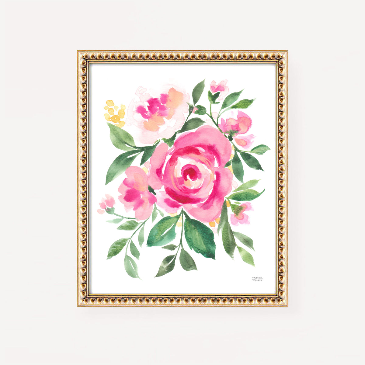 Petal Medley Watercolor Floral Bright Pink Rose Wall Art Print