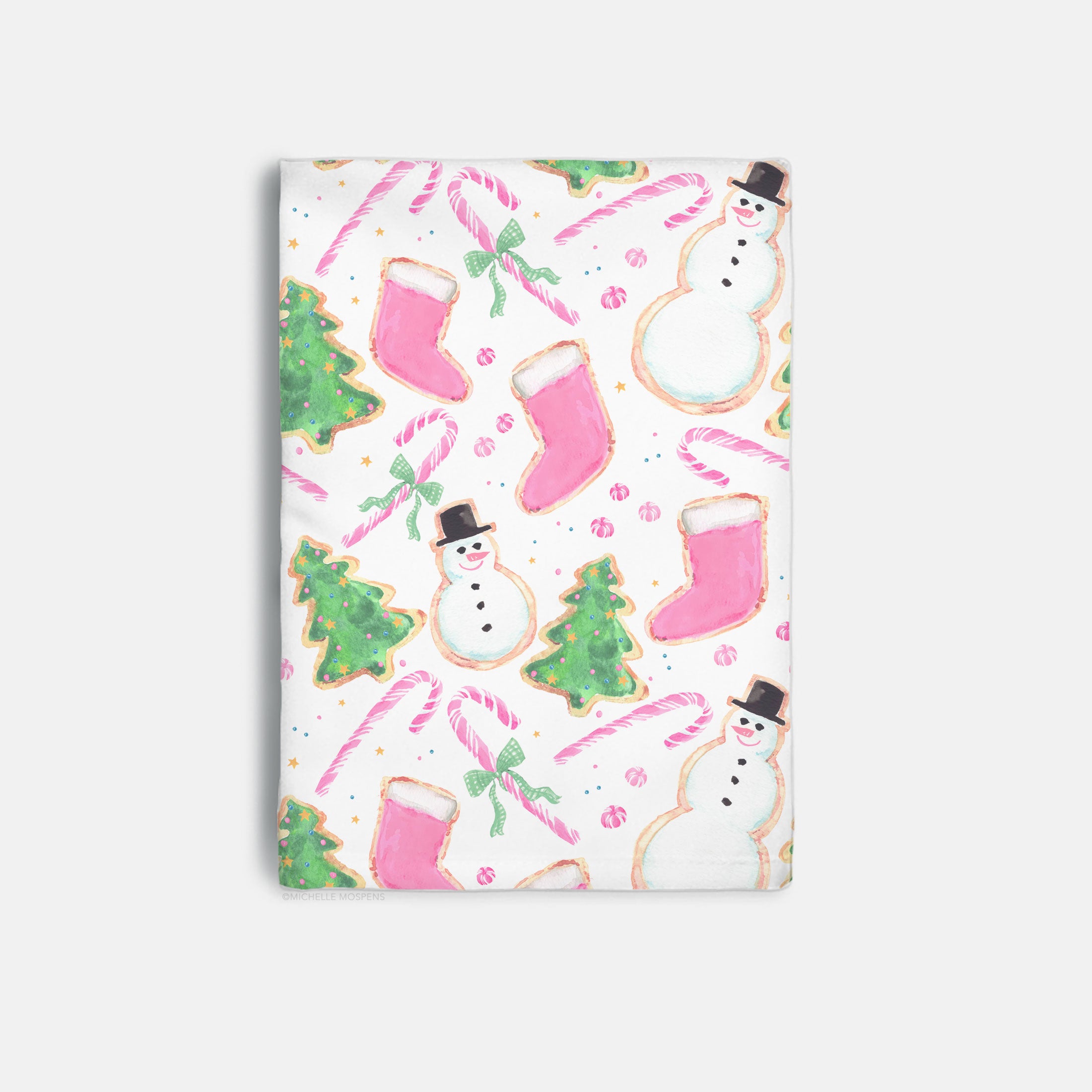 Watercolor Pink Christmas Cookies Decorative Hostess Towel by Michelle Mospens | Vibrant 20" Square Polyester Towel