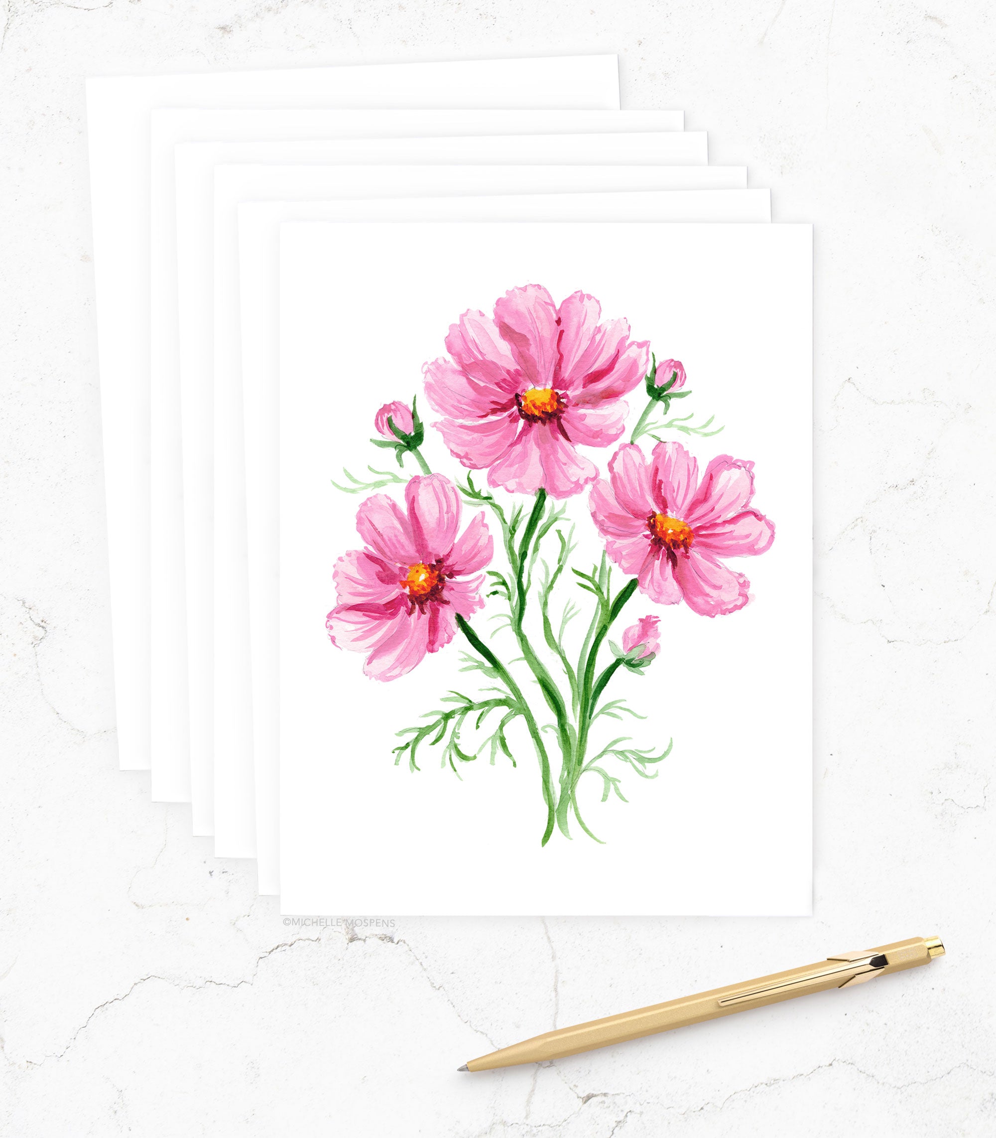 Botanical Watercolor Cosmos Notecards, October Birth Flower Stationery | Michelle Mospens