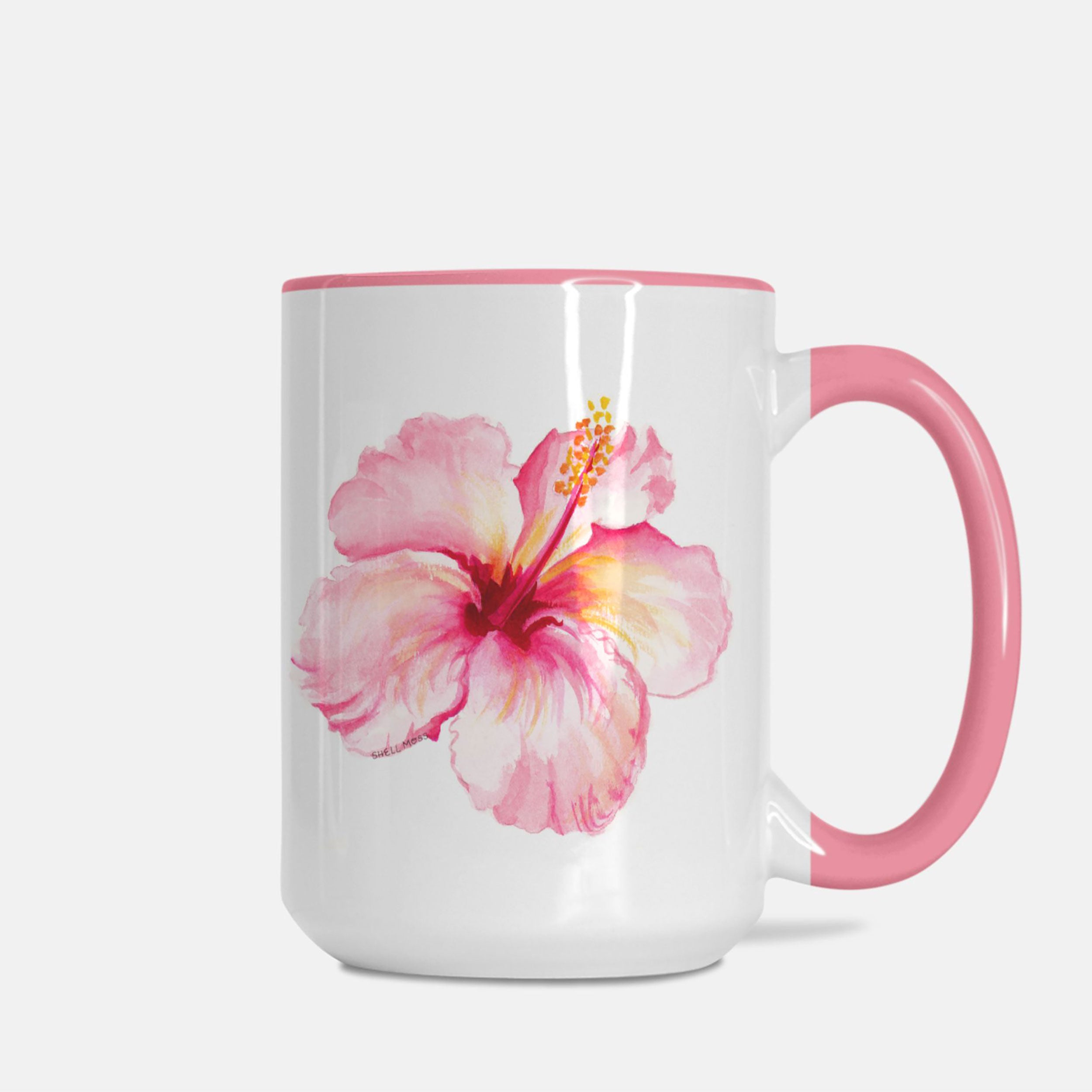 Illustrated Pink Watercolor Tropical Hibiscus Flower Coastal Beach Coffee Mug 15oz