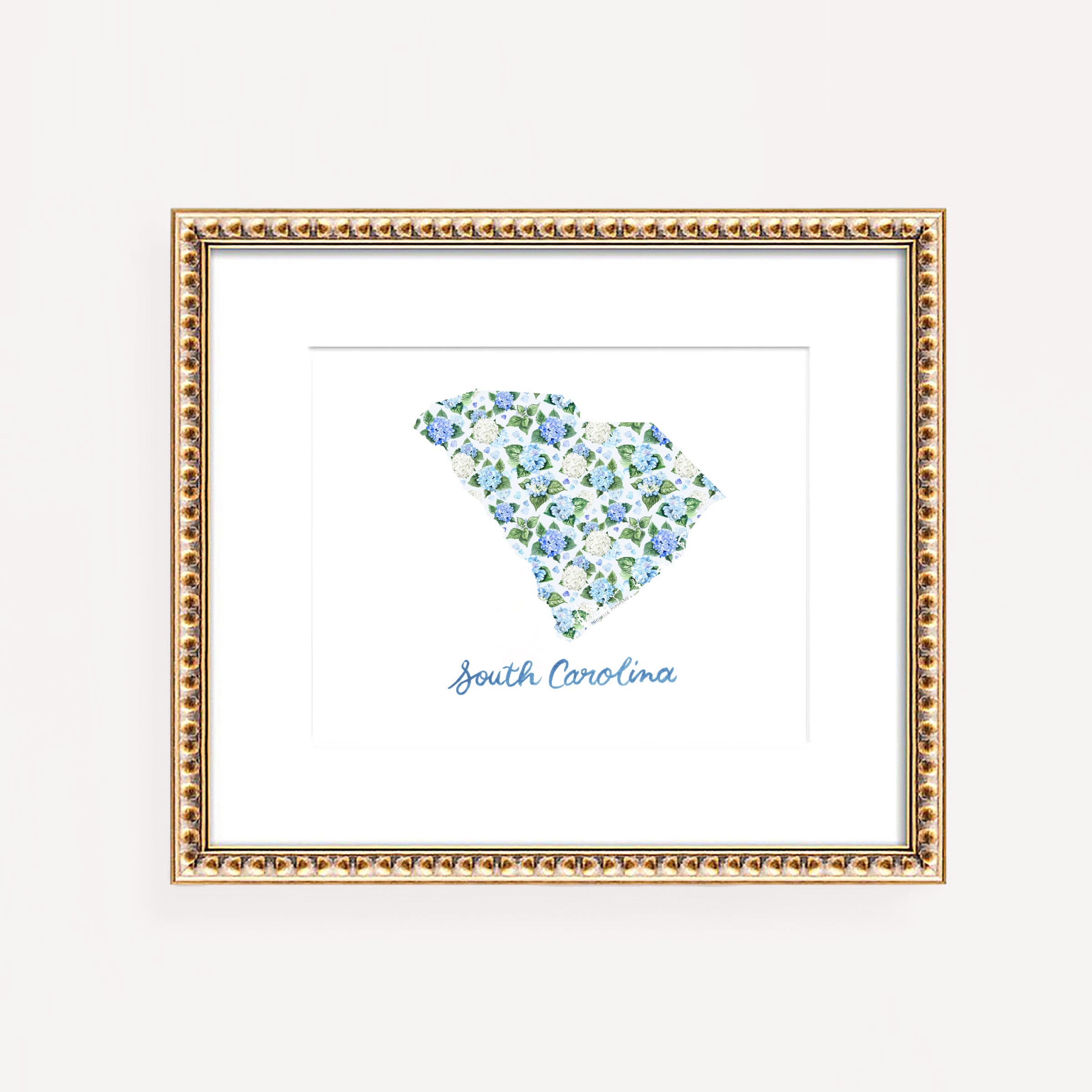 South and North Carolina Illustrated Wall Art Print Set of 2: Watercolor Carolinas State Shape with Hydrangeas and Hand Lettering