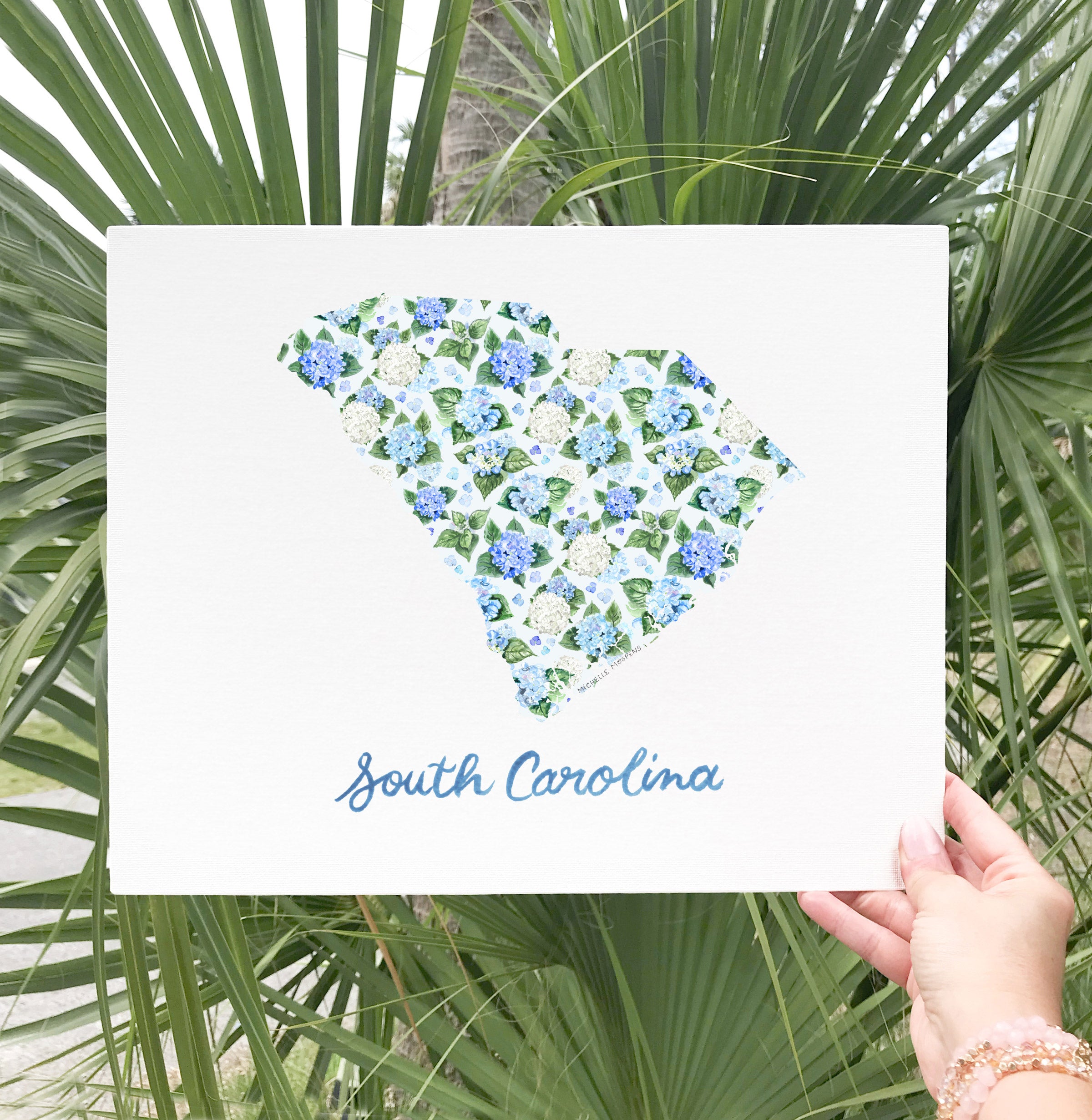 South and North Carolina Illustrated Wall Art Print Set of 2: Watercolor Carolinas State Shape with Hydrangeas and Hand Lettering