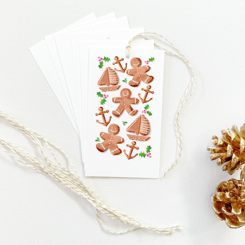 Set of Illustrated Christmas Gift Tags: Coastal Gingerbread Cookies Nautical Holiday Gift Tags