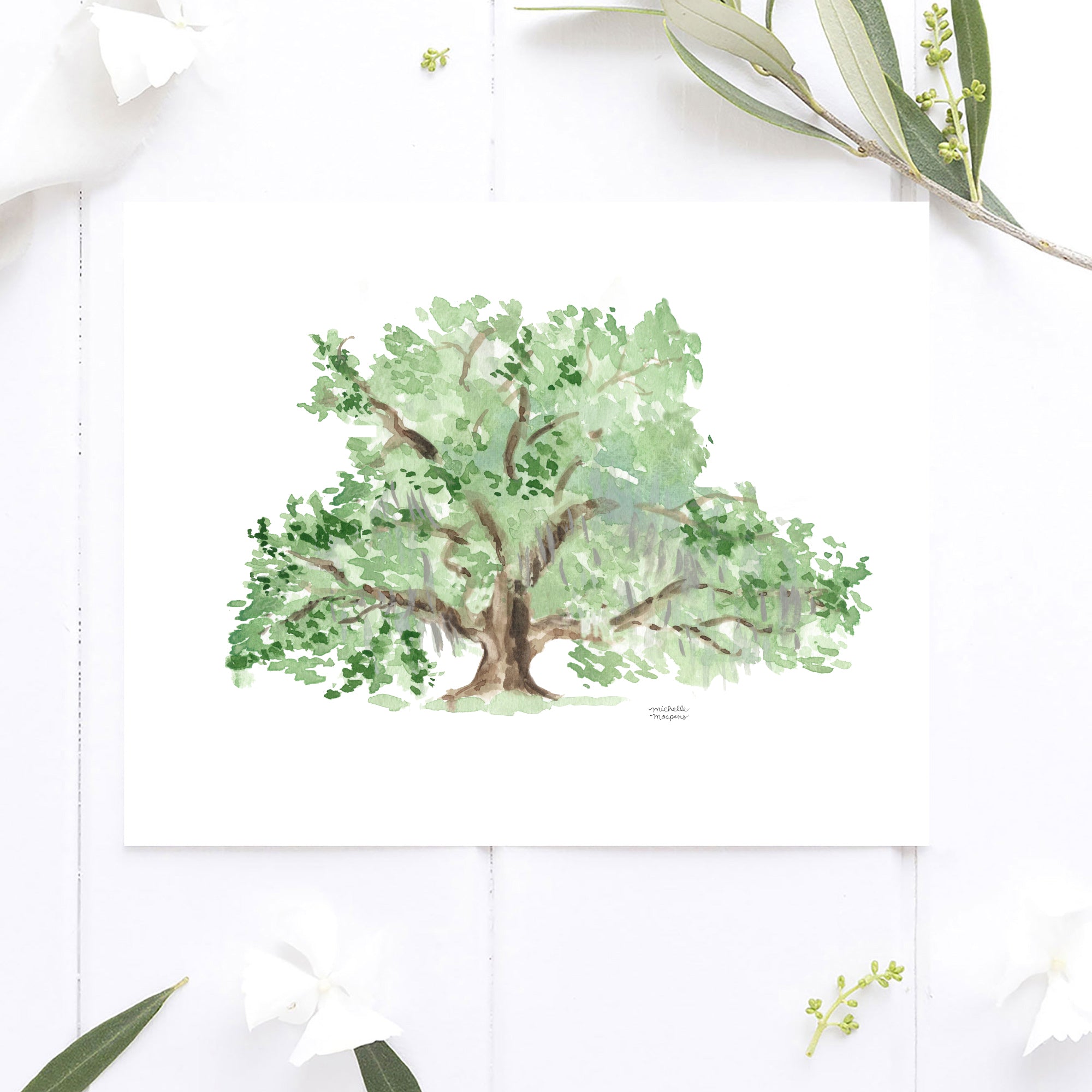 Watercolor Southern Oak Tree Unique Coastal Wall Art Print