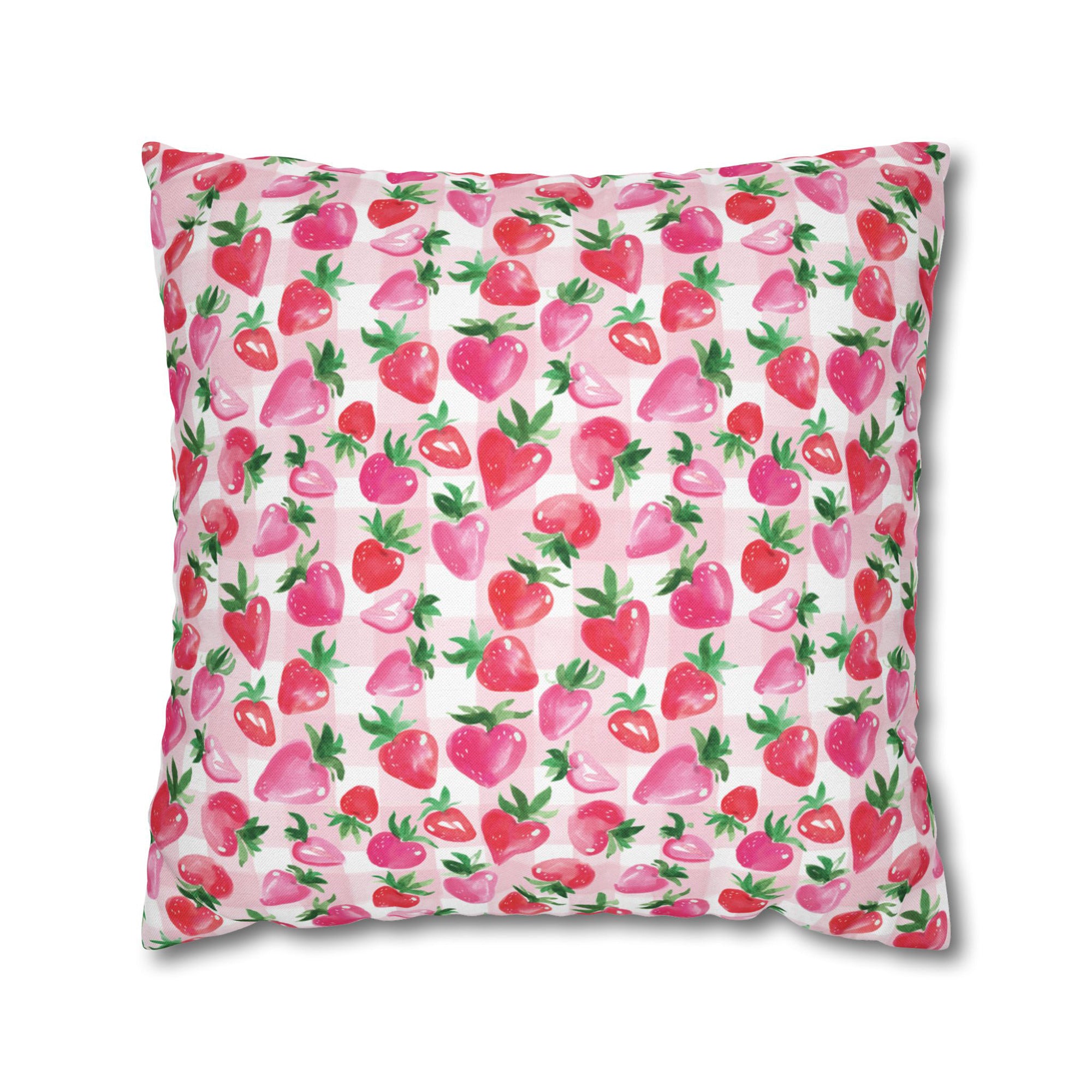 Watercolor Coquette Cottage Strawberry Gingham Decorative Pillow Cover