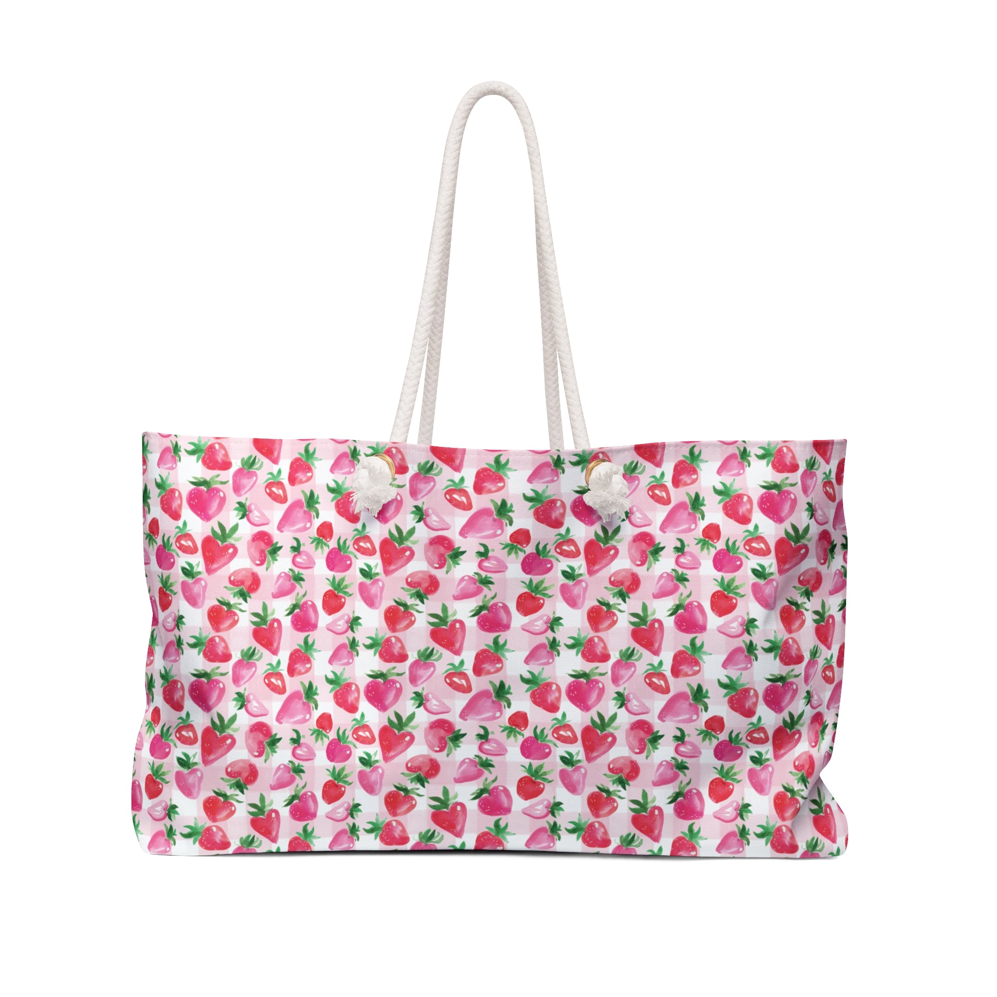 Watercolor Coquette Cottage Strawberry Gingham Weekender Tote Bag