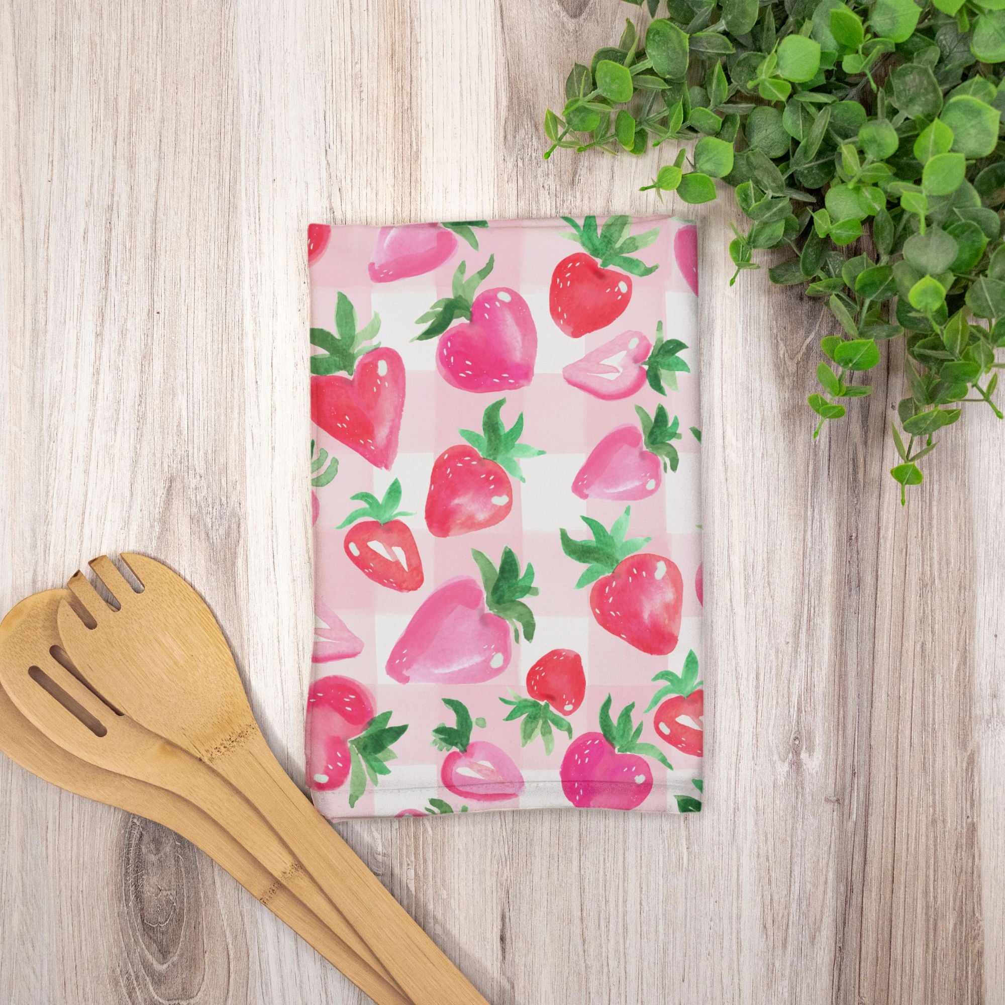 Watercolor Strawberry Gingham Decorative Hostess Towel