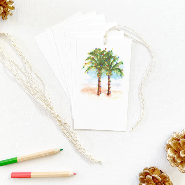 Set of Illustrated Christmas Gift Tags: Palm Trees with Christmas Lights Holiday Gift Tags