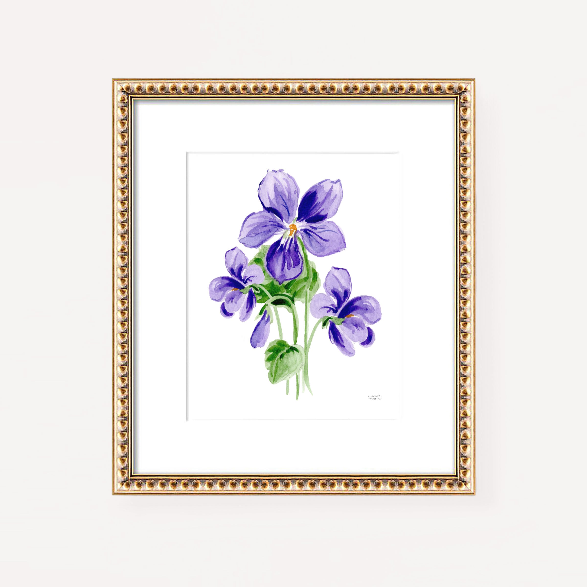 Violet Flowers Botanical Floral Watercolor Wall Art Print by Michelle Mospens