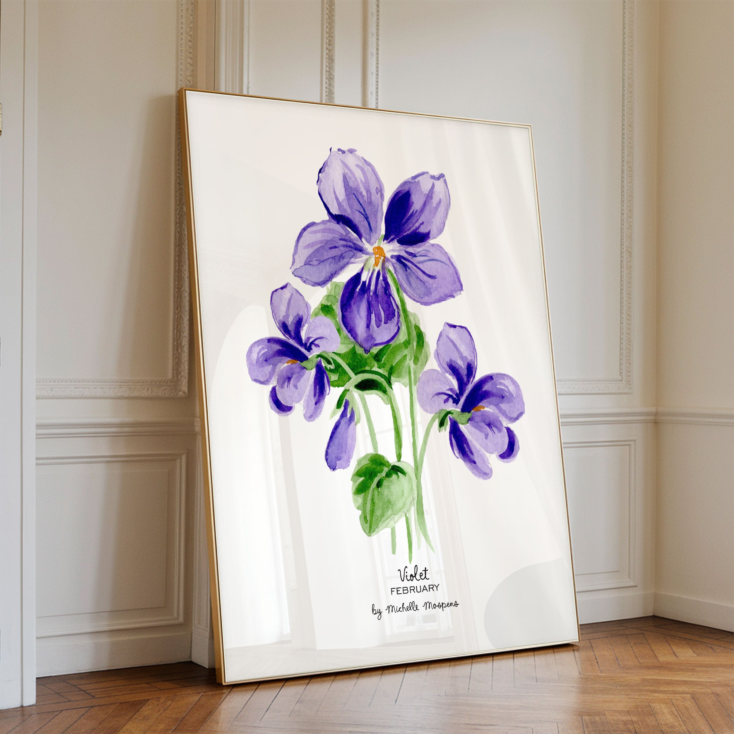 Violet February Birth Flower Botanical Watercolor Wall Art Print by Michelle Mospens