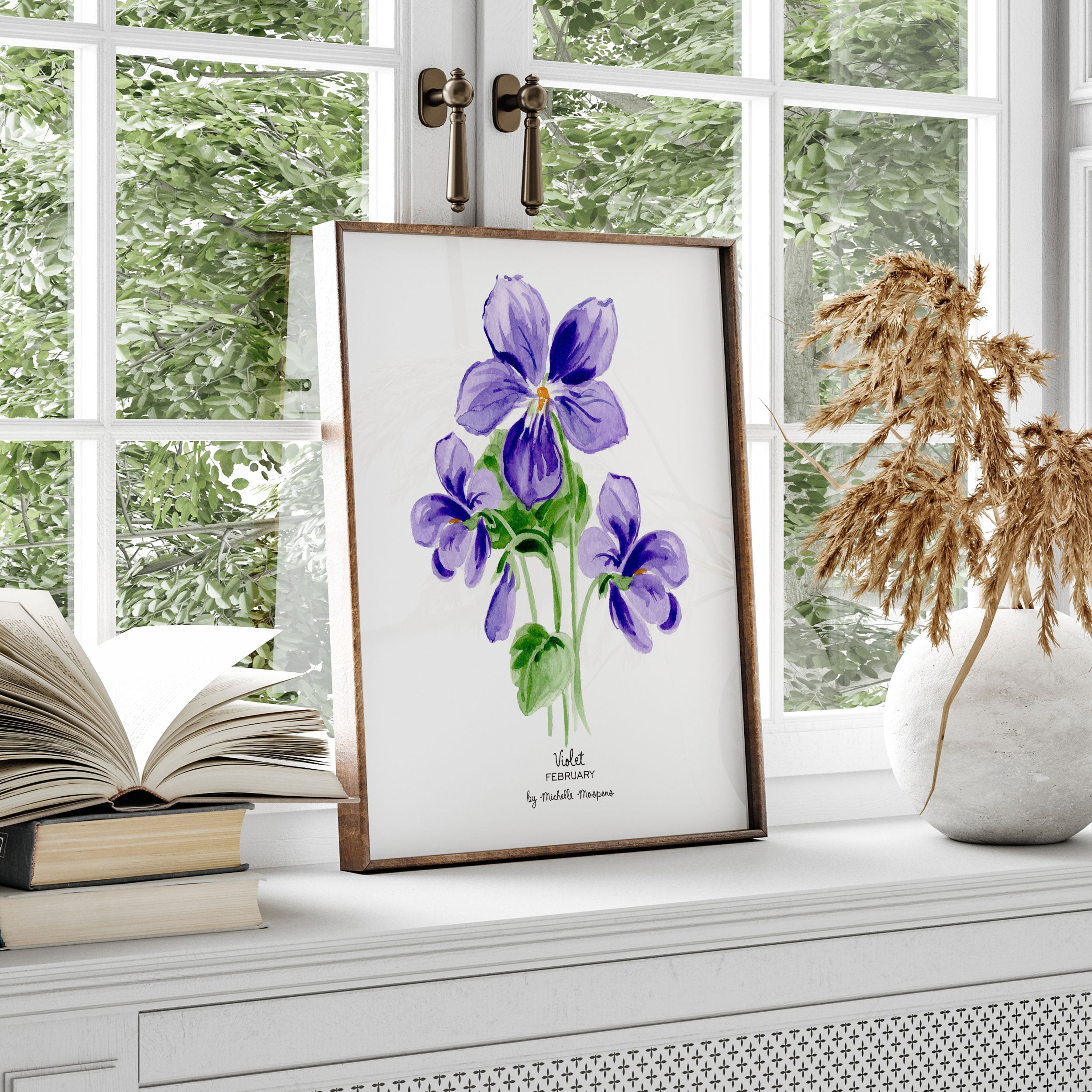 Violet February Birth Flower Botanical Watercolor Wall Art Print by Michelle Mospens