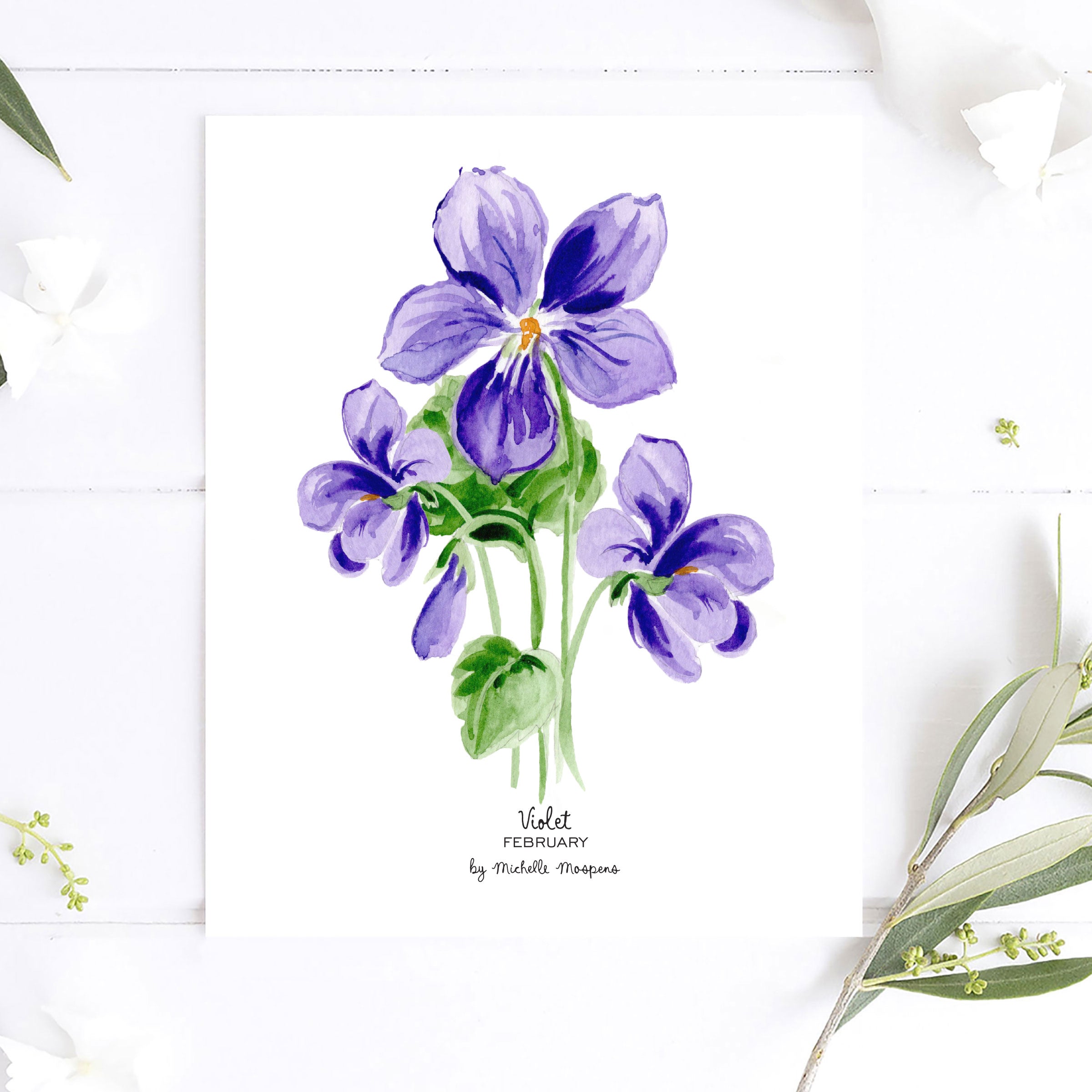 Violet February Birth Flower Botanical Watercolor Wall Art Print by Michelle Mospens