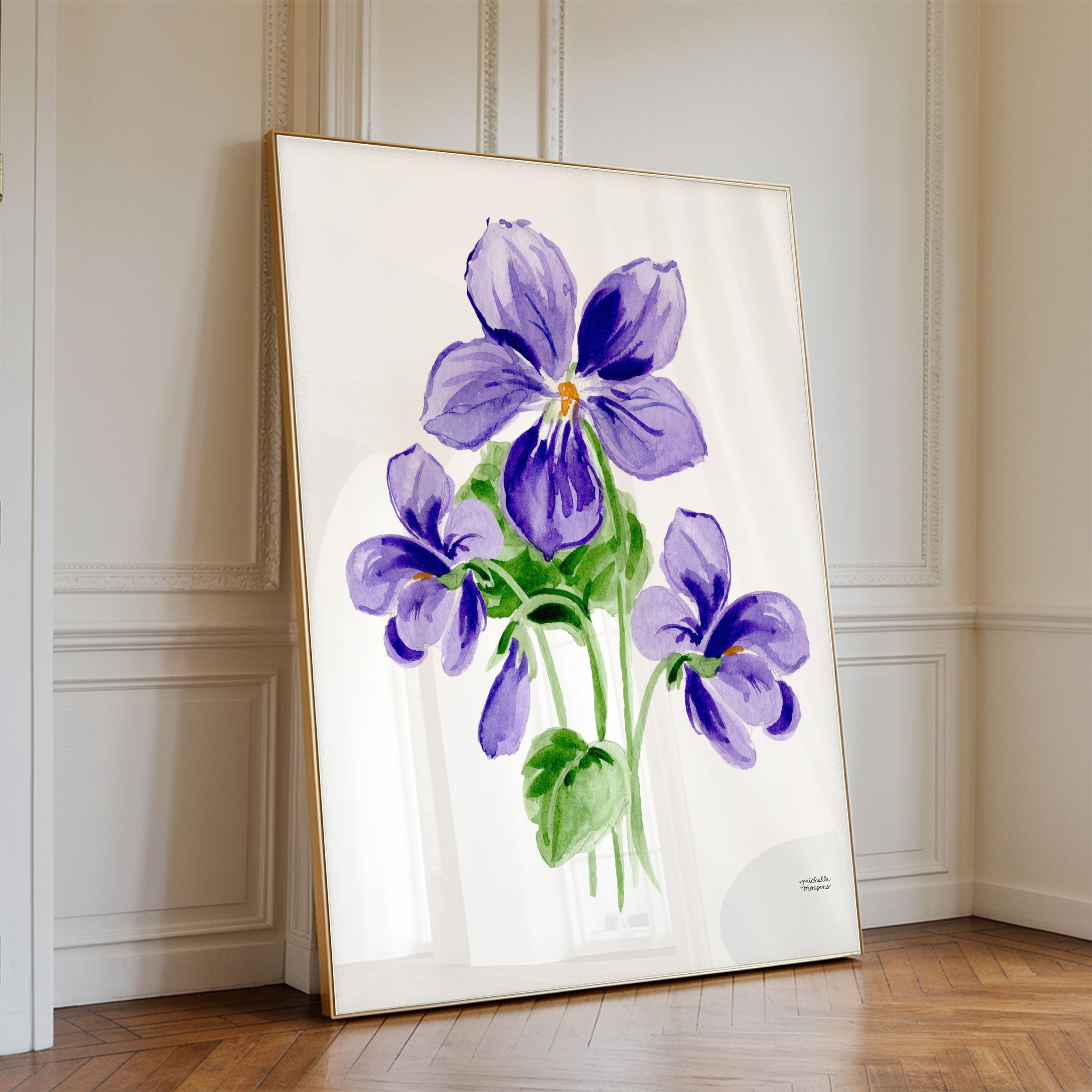 Violet Flowers Botanical Floral Watercolor Wall Art Print by Michelle Mospens