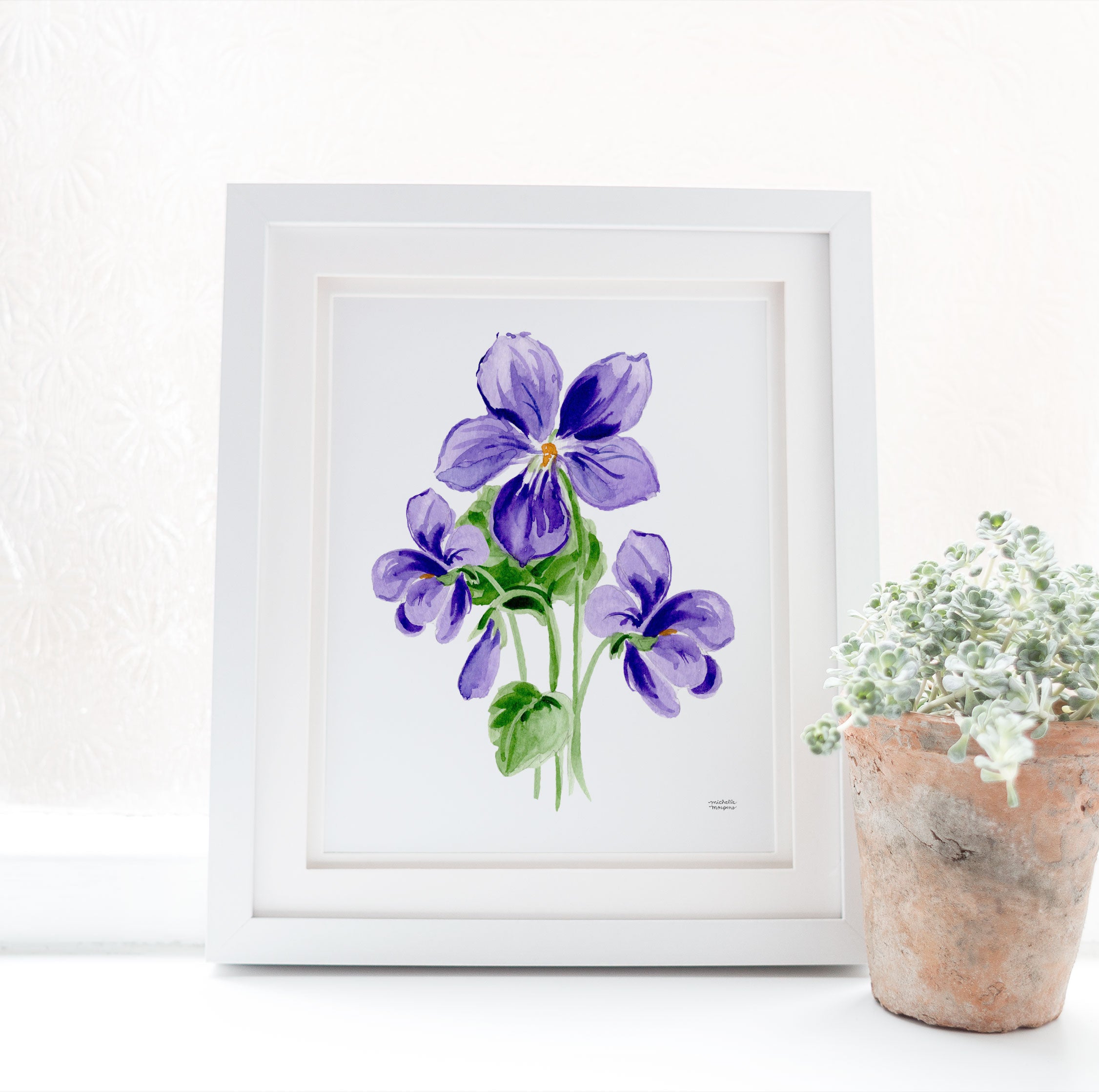 Violet Flowers Botanical Floral Watercolor Wall Art Print by Michelle Mospens