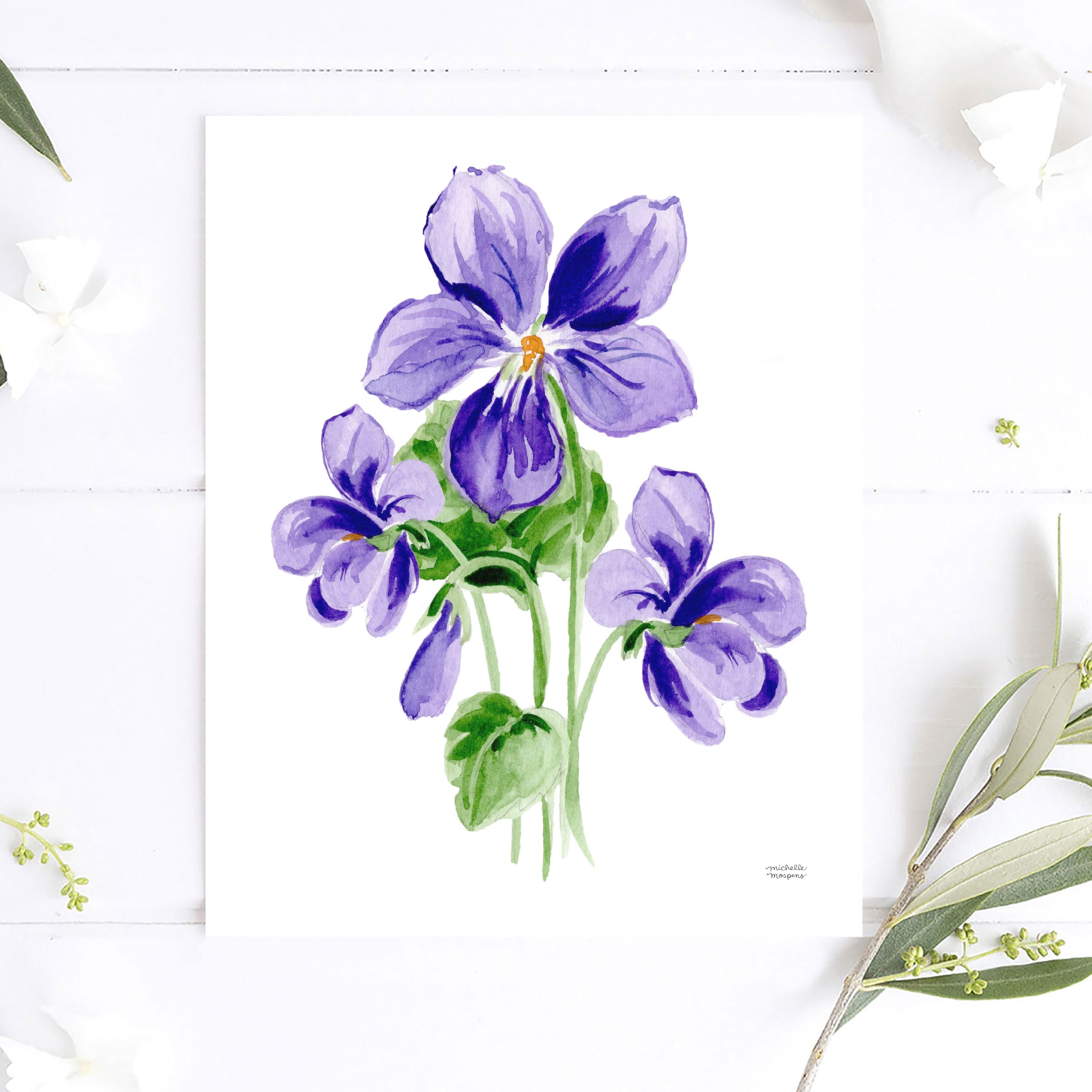 Violet Flowers Botanical Floral Watercolor Wall Art Print by Michelle Mospens