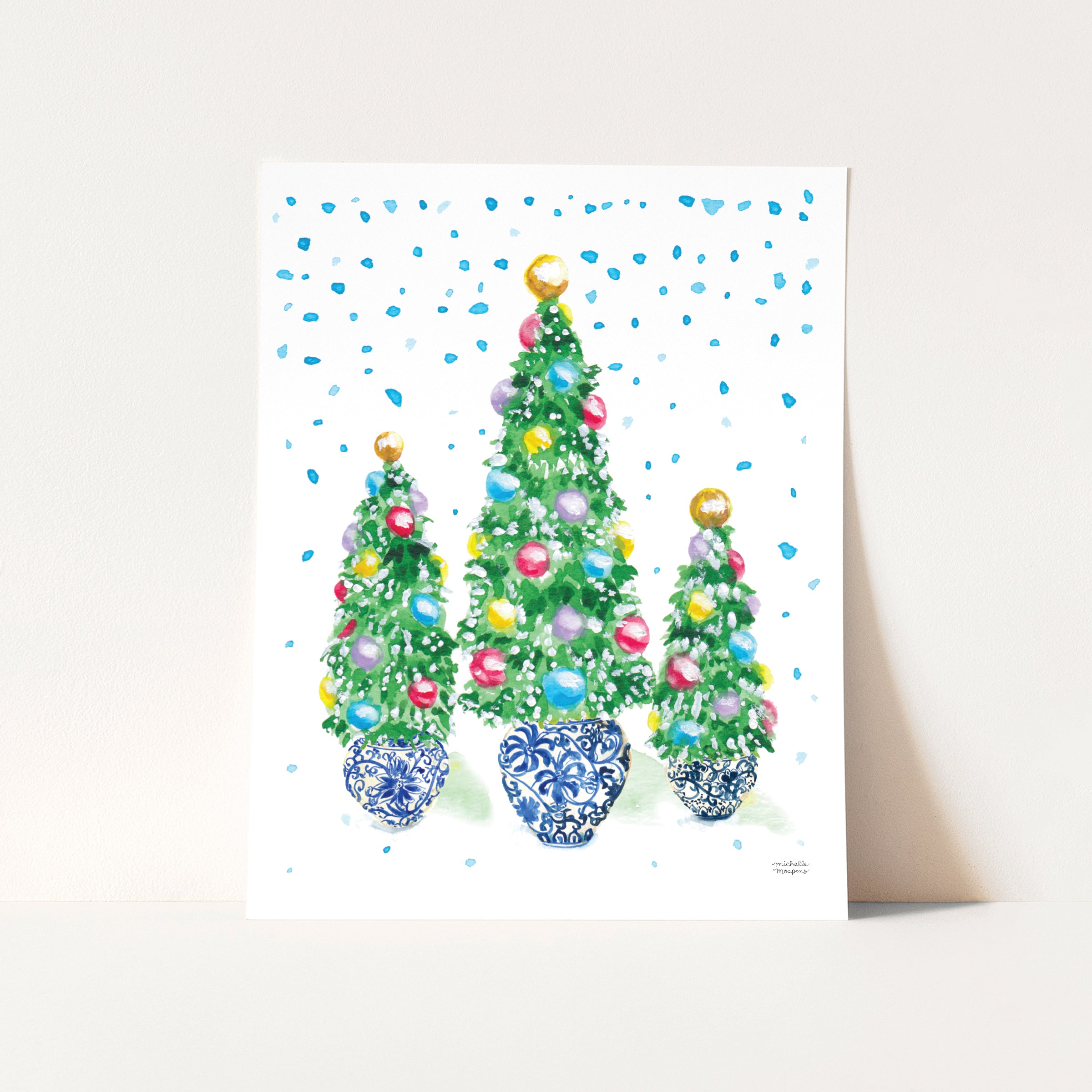 Cute Watercolor Christmas Trees Ginger Jars Grandmillennial Wall Art Print