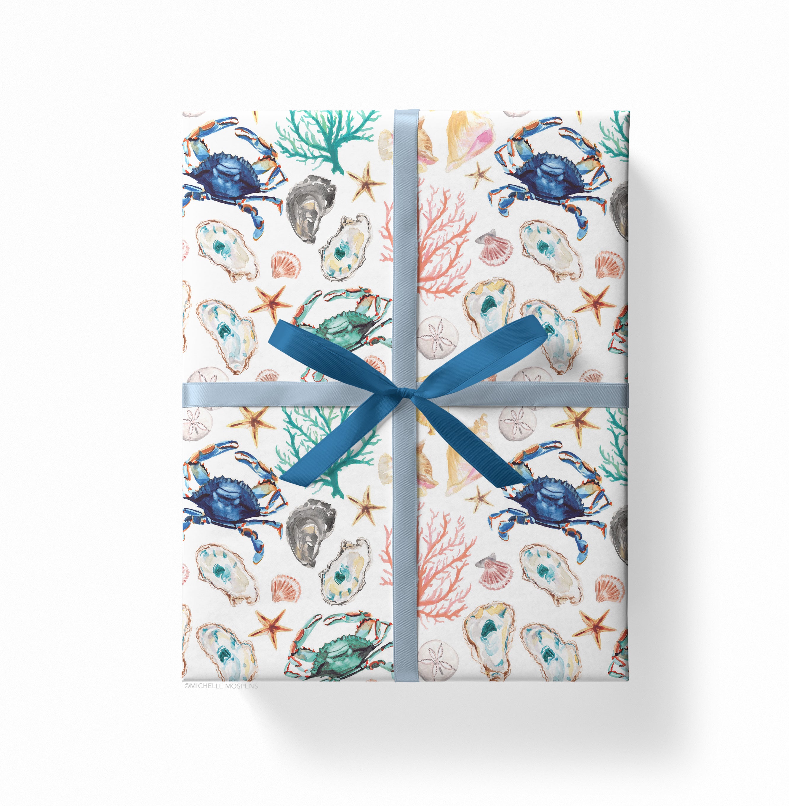 Watercolor Coastal Wrapping Paper by Michelle Mospens, Beach Shells Wrapping Paper, Holiday, Christmas, Birthday Gift Wrap