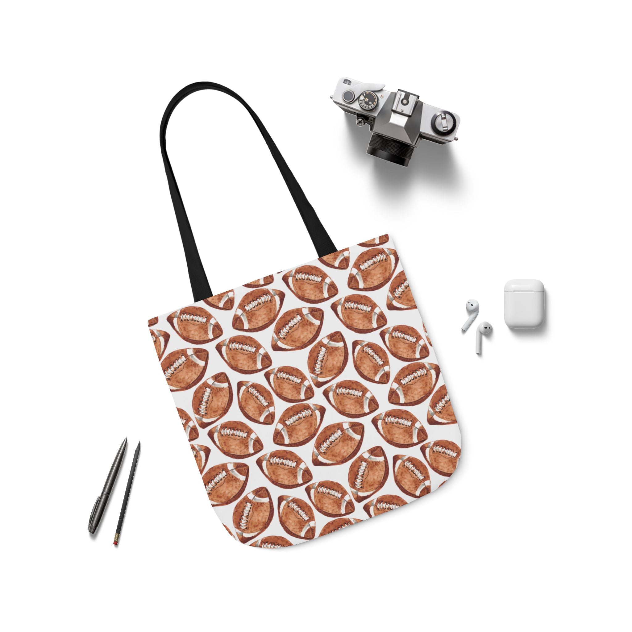 Watercolor Illustrated Footballs Tote Bag with Sporty Black Handles
