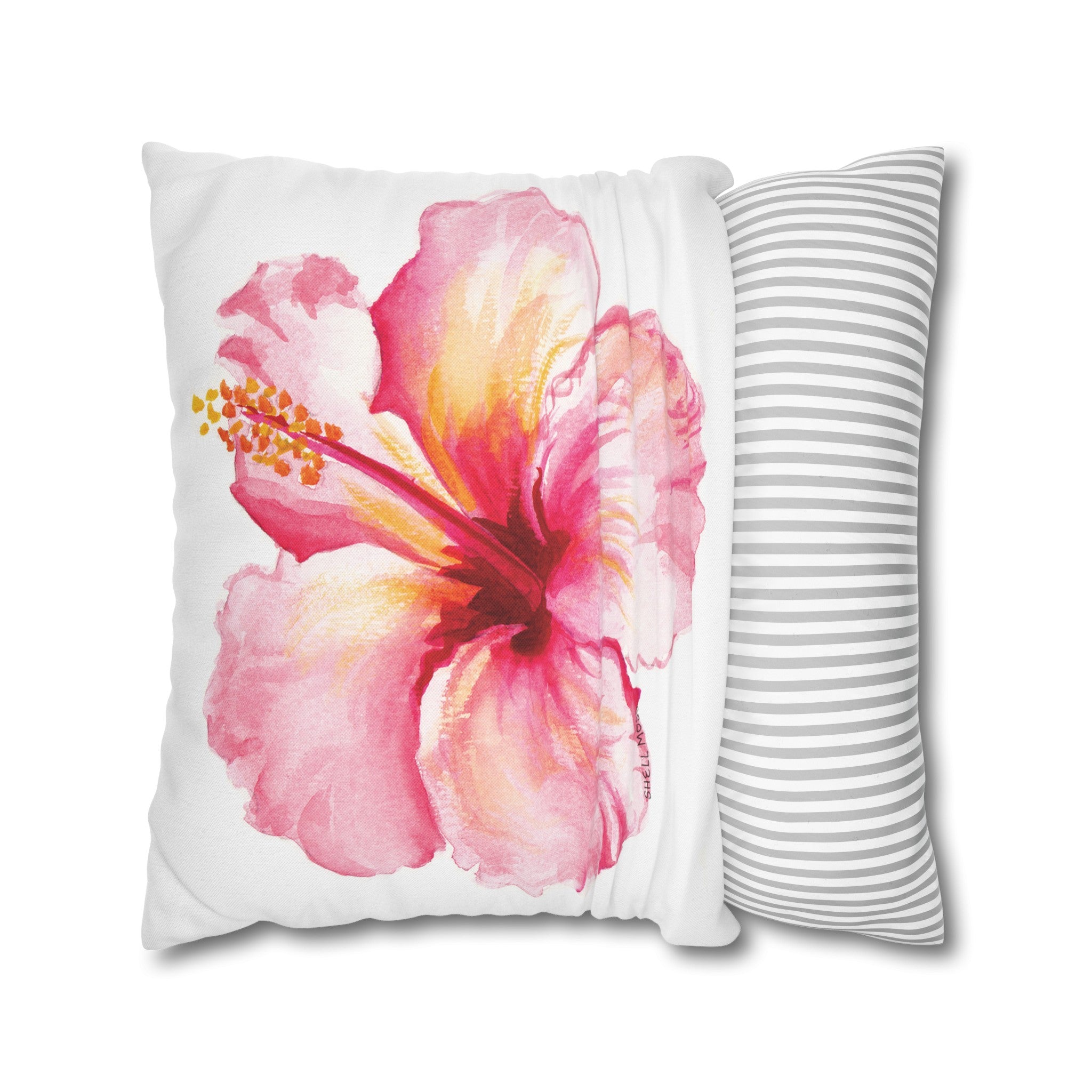 Watercolor Tropical Hibiscus Flower Square Beachy Pillow Cover