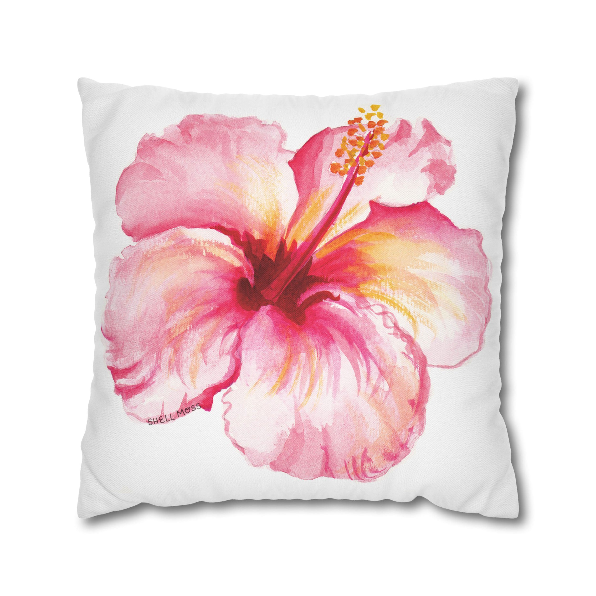 Watercolor Tropical Hibiscus Flower Square Beachy Pillow Cover