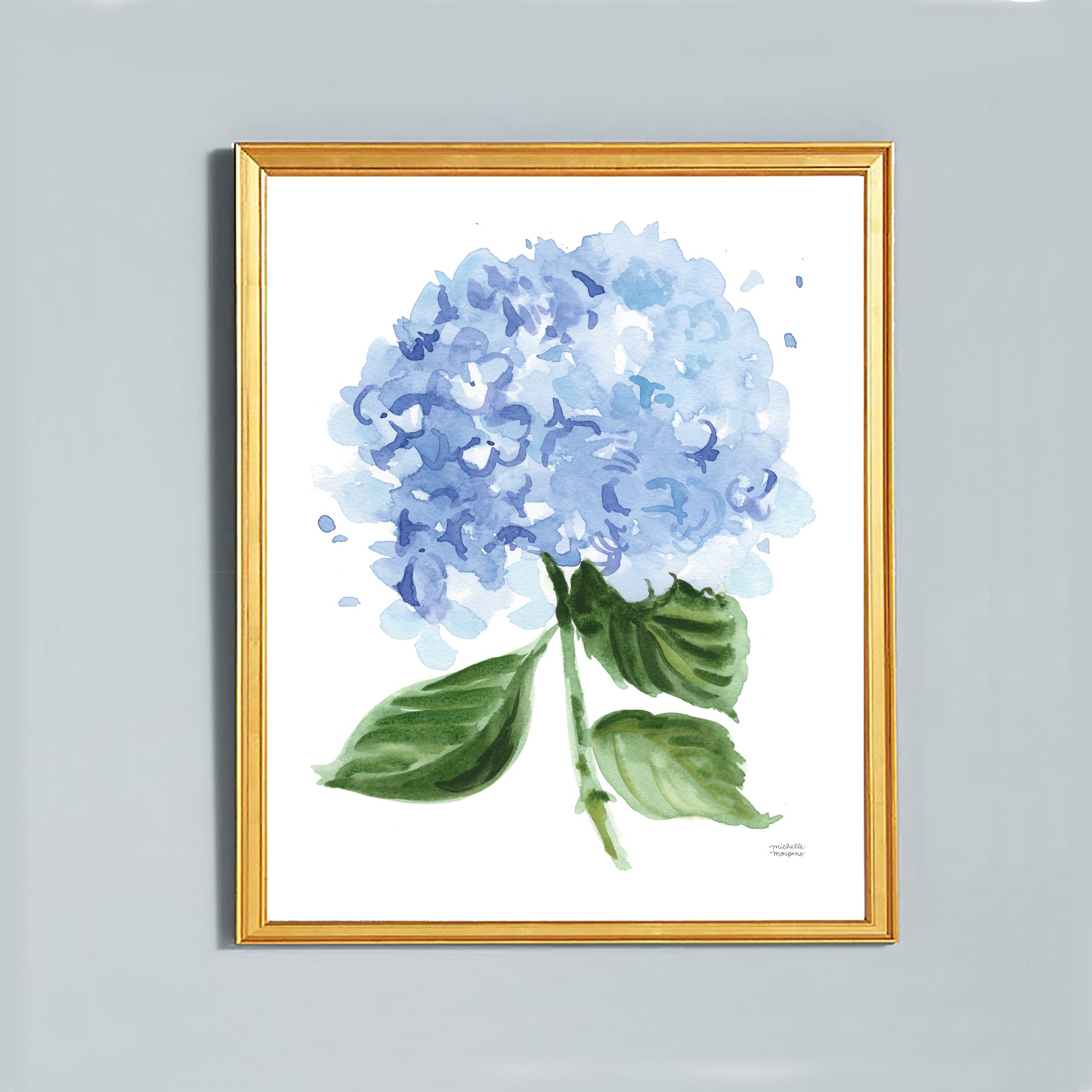 French Blue Hydrangea Flower Botanical No1 Watercolor Wall Art Print by Michelle Mospens, Unframed