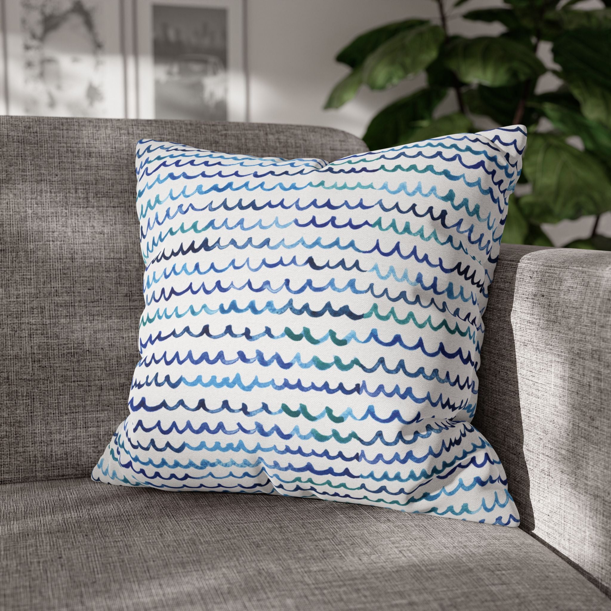 Watercolor Nautical Waves 20 x 20 Beachy Coastal Pillow Cover Case