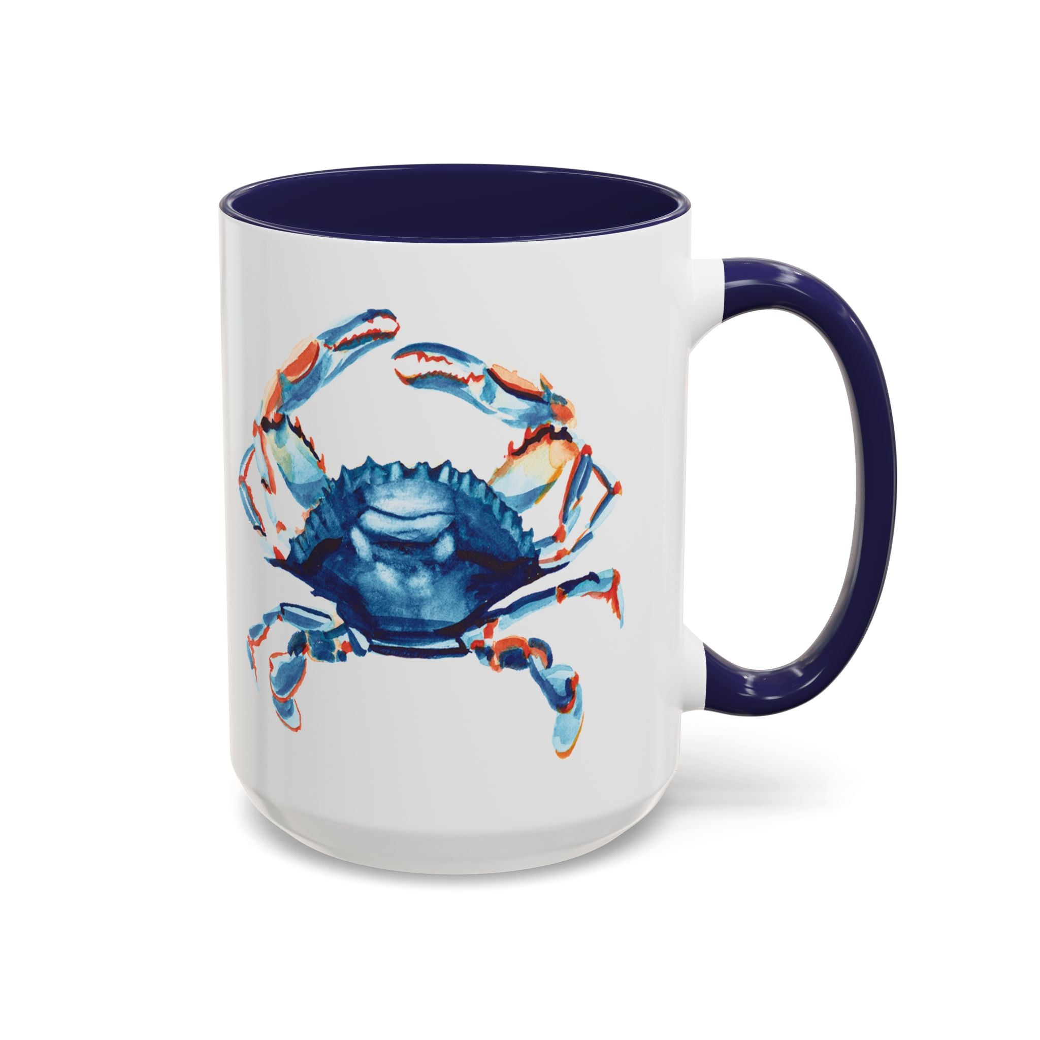 Watercolor Coastal Crab Coffee Mug with Navy Blue Handle 15oz