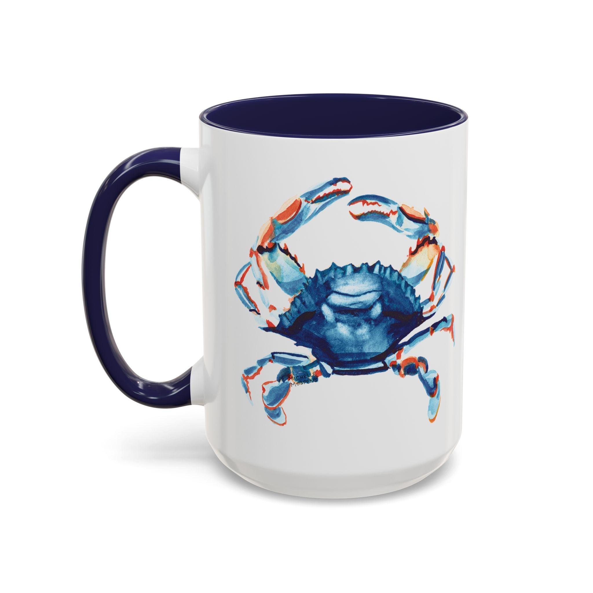 Watercolor Coastal Crab Coffee Mug with Navy Blue Handle 15oz