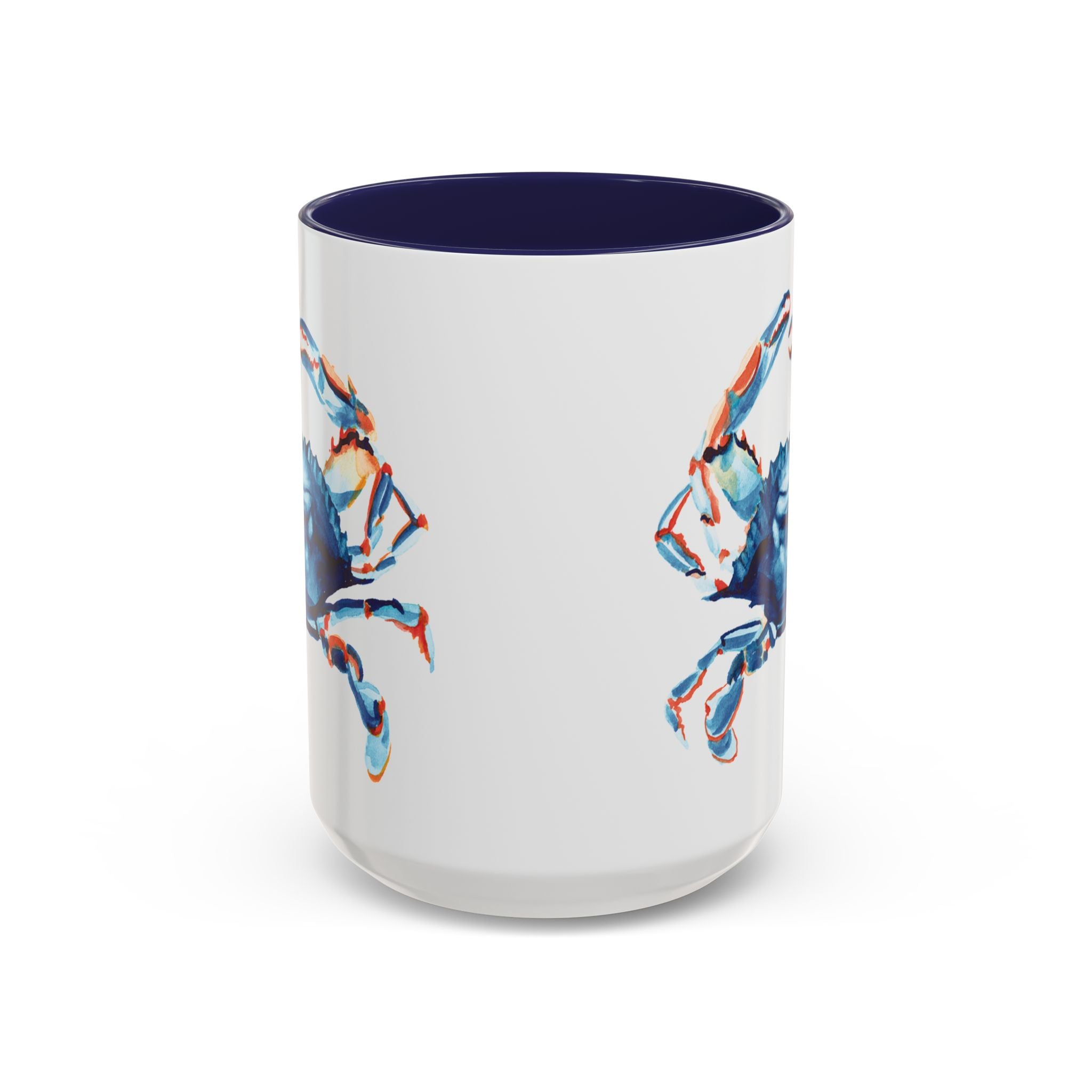 Watercolor Coastal Crab Coffee Mug with Navy Blue Handle 15oz